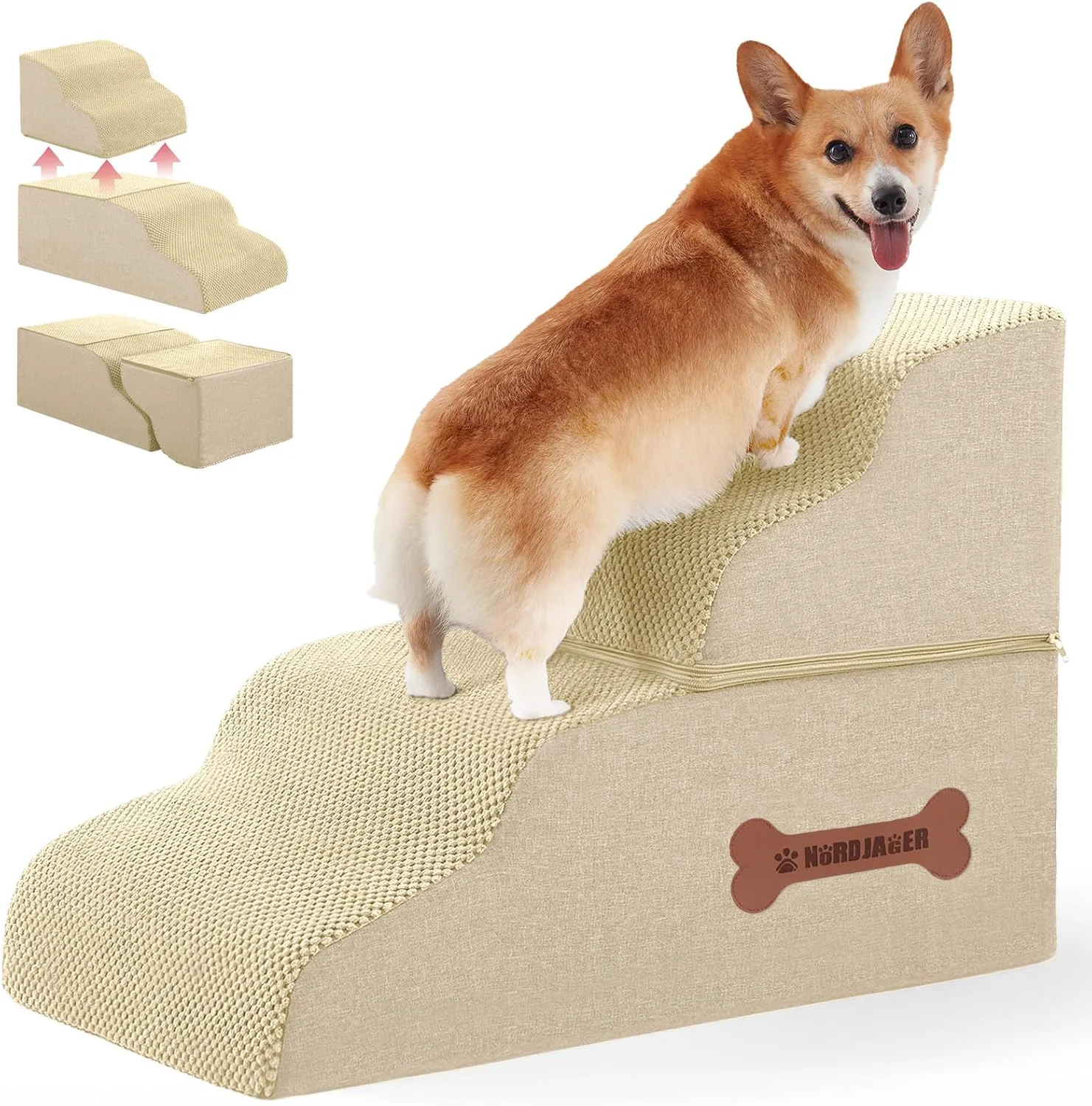 Durable Dog Stairs 4 Steps for Small Dogs and Cats to Get on High Beds Couch or Car Pets Can Climb Sit Lie Down or Perch to Look Out Windows on The Spliceable Ramp Provides Support Beige（19 H） Trendy