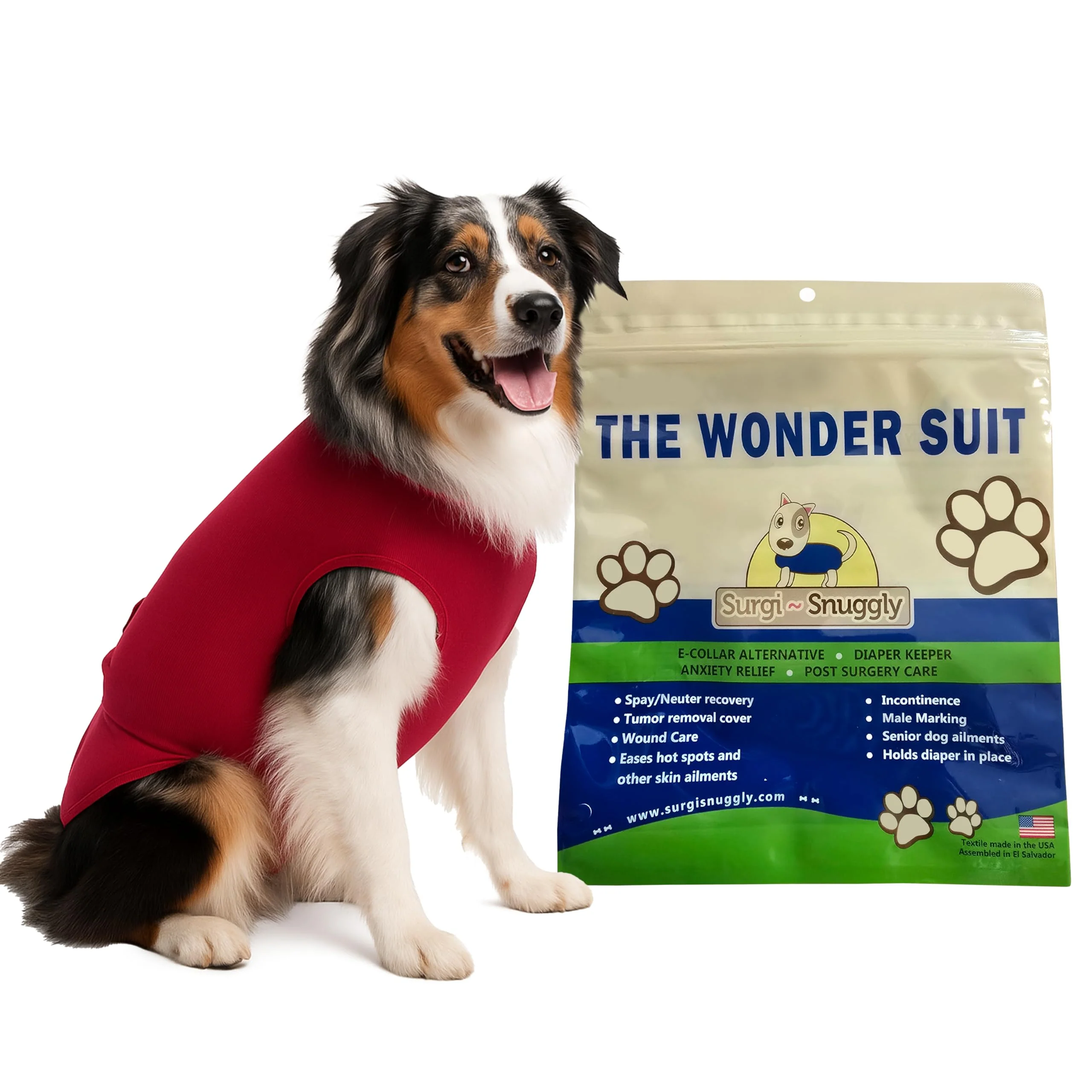 Trendy SurgiSnuggly Dog Recovery Suit – Post-Surgery Bodysuit for Spay Neuter XLS Red Long-Lasting