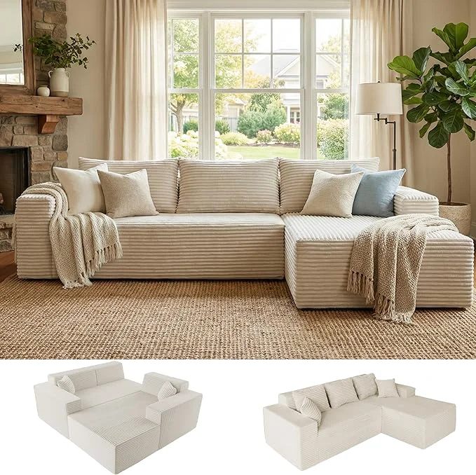 Healthy Claiks Boneless Couch Cloud Couch Sectional L-Shape Corduroy Modular Sectional Sofa Deep Seat Upholstered Couches for Living Room No Assembly Required Beige Right Facing ChaiseAbout ThisOverview Verified