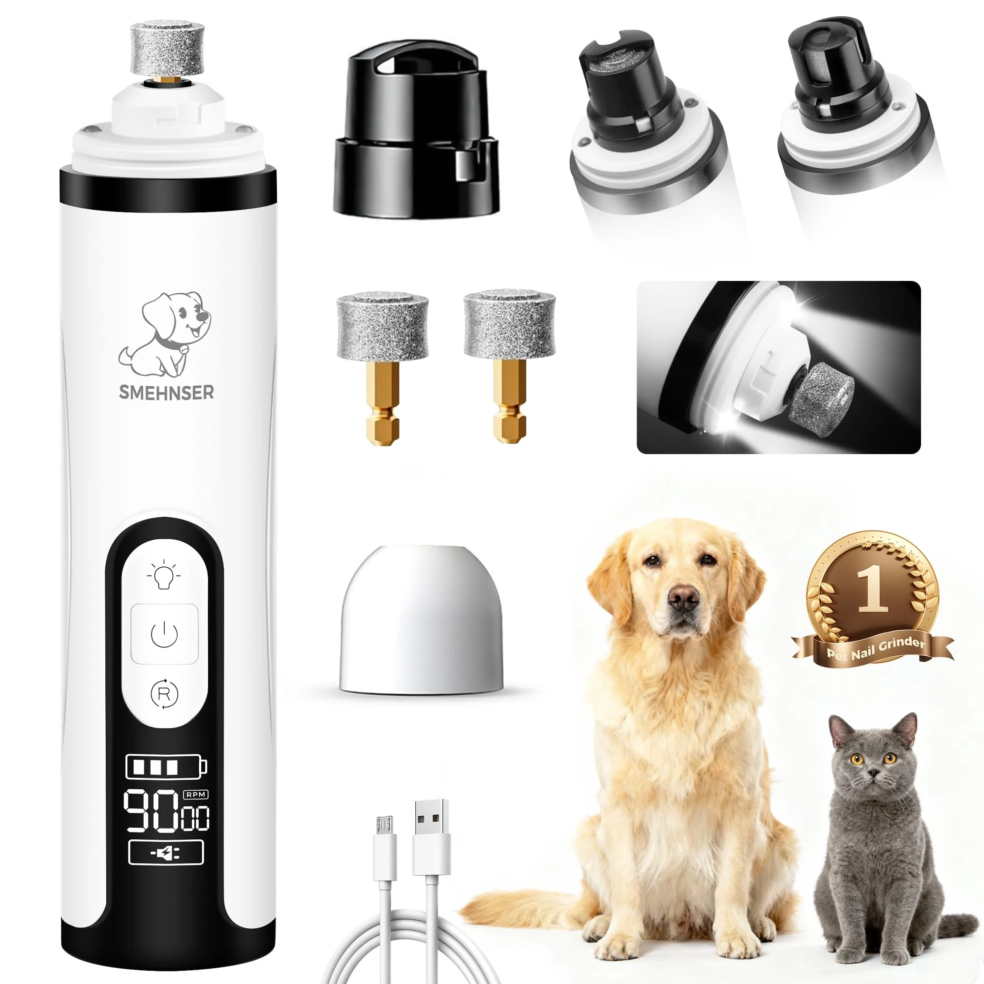 Eco-Friendly PleySyncz Upgraded Silent Dog Nail Grinder — 3-Speed Cordless LED Light 2 Heads Breathable