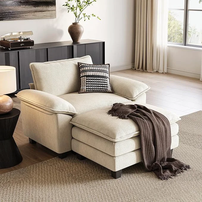 Effective LINSY HOME Cloud Sofa Accent Chair with Ottoman Chaise Lounge Chair Indoor Corduroy Couch Sofa Chair for Living Room Apartment Bedroom Office BeigeAbout ThisOverview Innovative