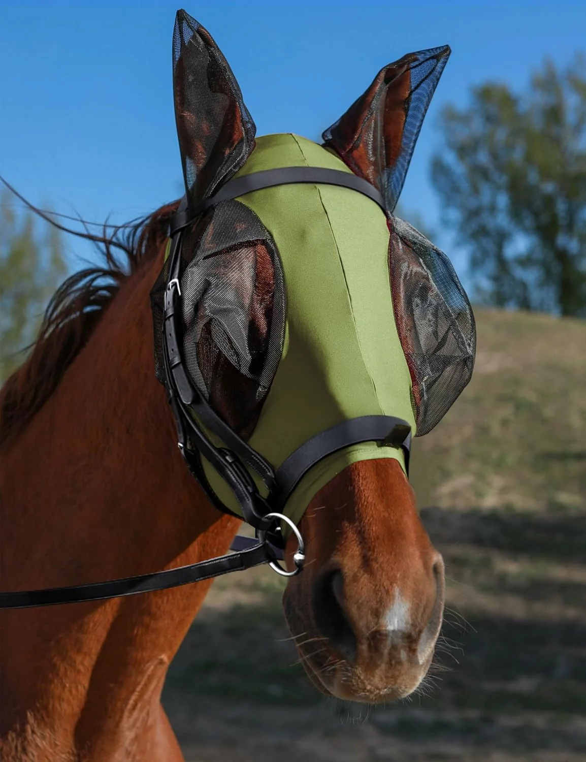Proven Horse Fly Mask with Ears UV Protection for Horses Elasticity with Big Mesh Eye Covers Snug Fitting Comfortable Breathable Lightweight for Horses Olive Green Full Size Recyclable