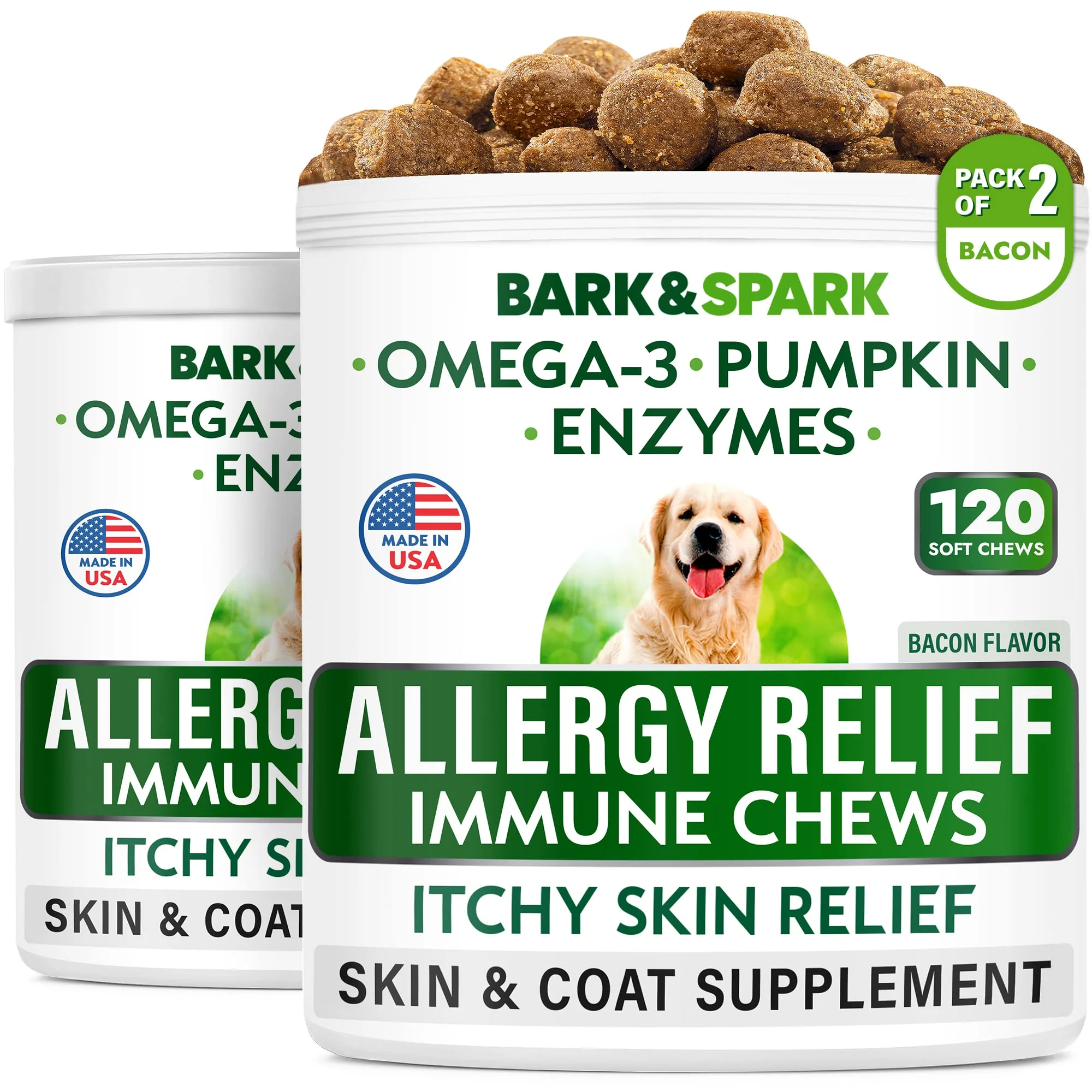 Flexible BARK SPARK Dog Allergy Relief Chews 240 Treats – Itchy Skin Coat Support Secure