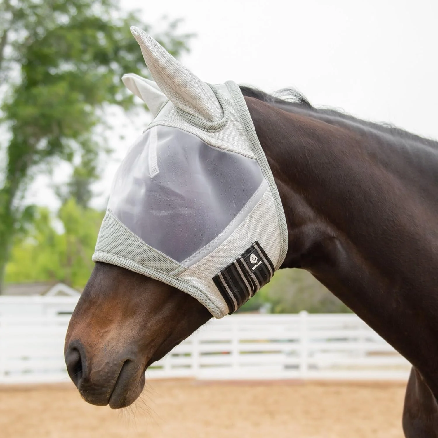 Lightweight Equinavia Algard Soft Mesh Horse Fly Mask with Ear Protection and 45 UPF Rating No Eye Irritation UV Protection - Silver - Warmblood Traditional