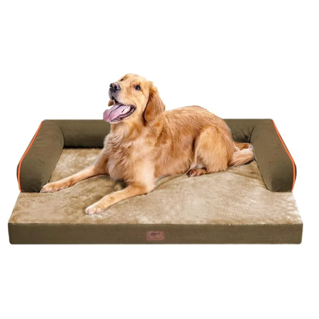 Genuine MEKIY Large Dog Bed Orthopedic Washable – Extra Brown Memory Foam U-Shape Bolster Waterproof Cover Reusable