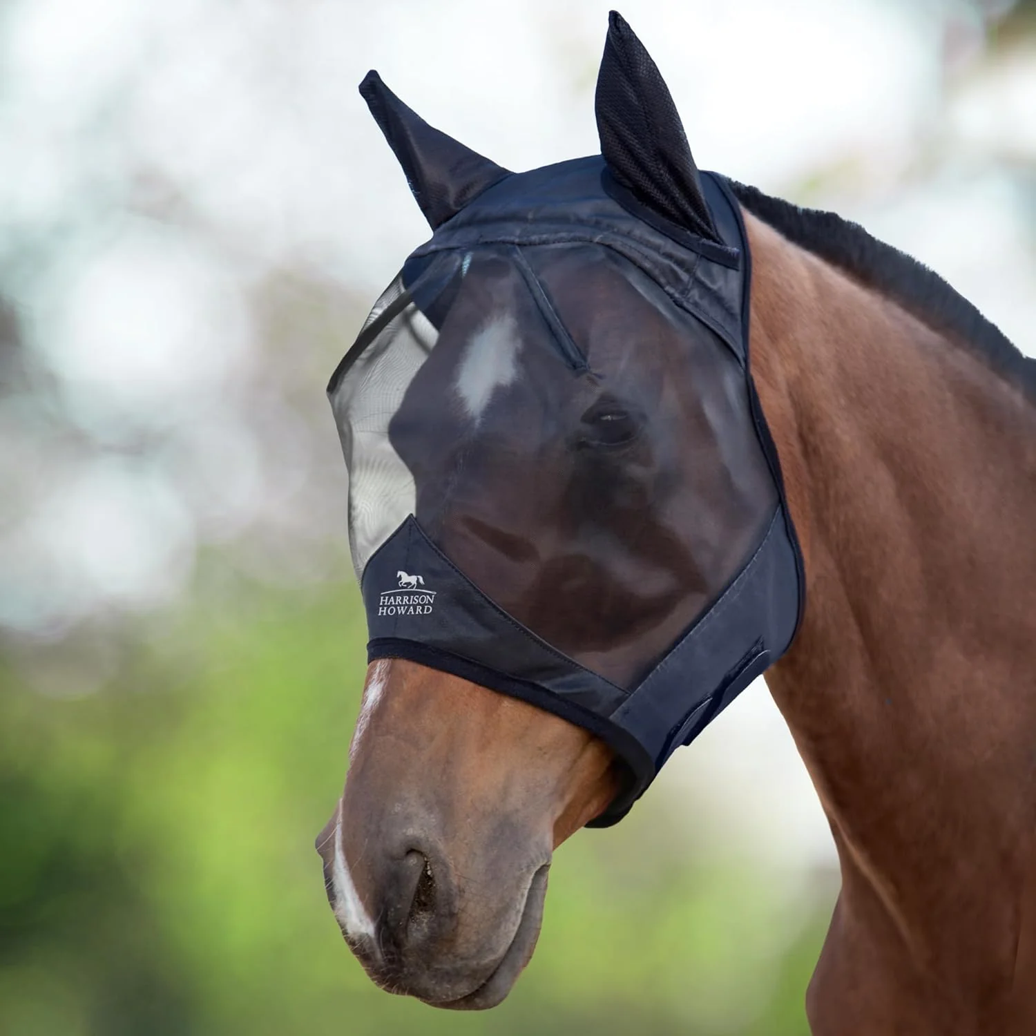 Functional Harrison Howard CareMaster Horse Fly Mask Half Face with Ears Black Medium Cob Recyclable