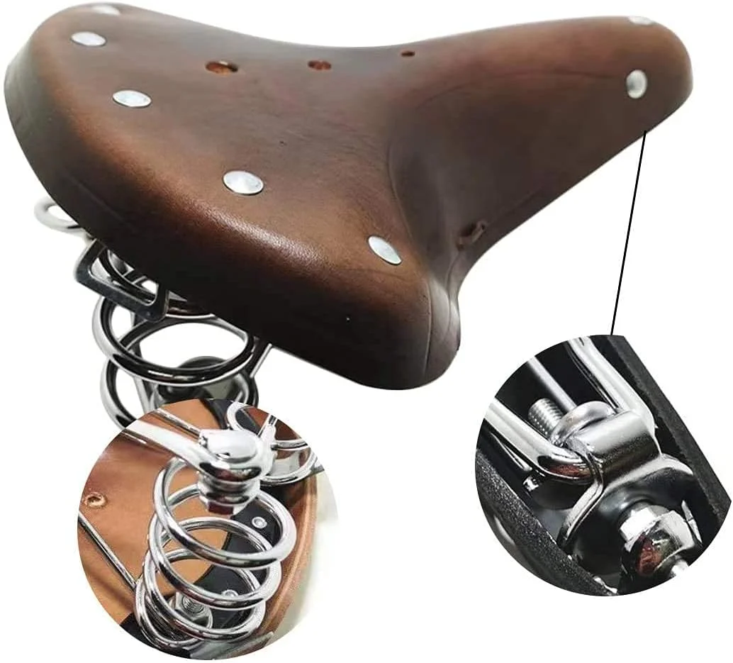 Next-Generation UNISTRENGH English Vintage Bicycle Saddle Touring City Saddle Comfortable Comfort Leather Bicycle Seat with Spring Rivets for Women Men Secure