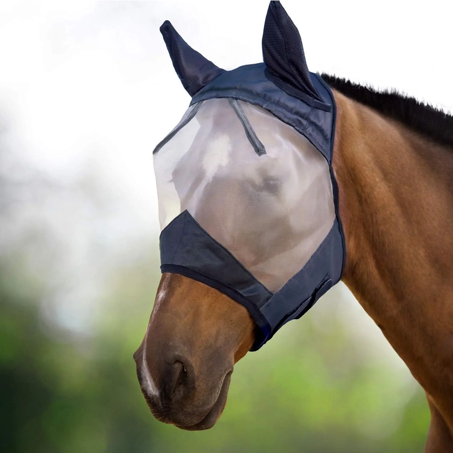 Official Harrison Howard CareMaster Horse Fly Mask Half Face with Ears Black Silver Retro Small Pony Soft