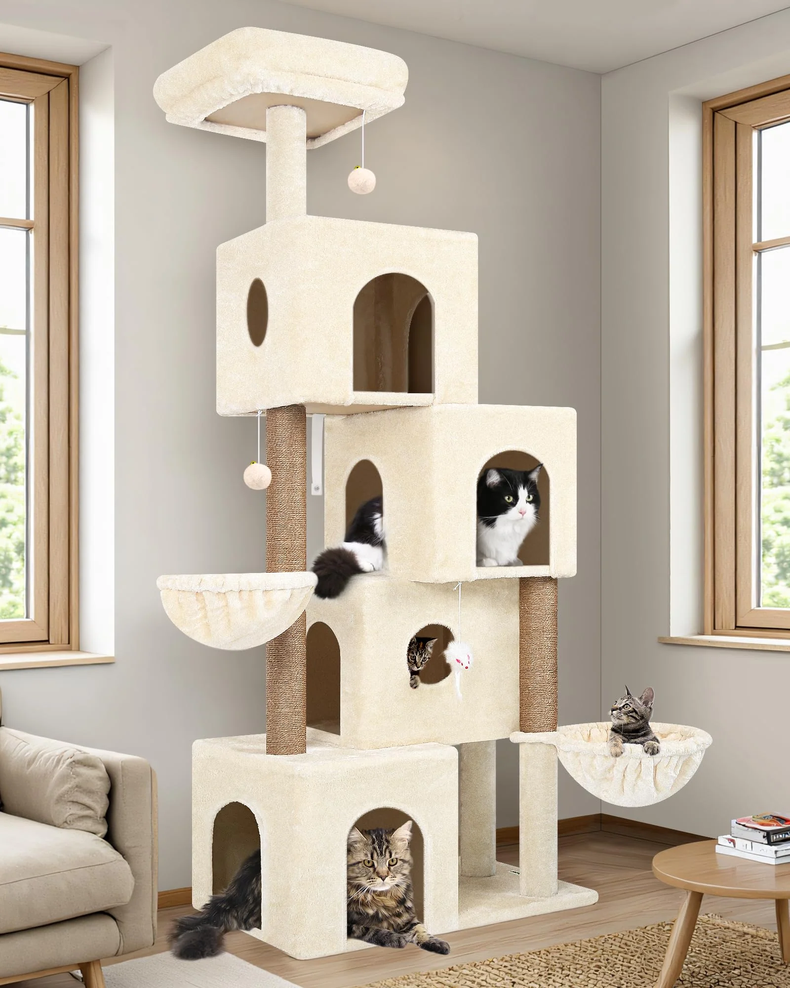 Secure Globlazer Large Cat Tree Tower — 70in Tall 4 Condos Sisal Posts Plush Top Perch Exceptional