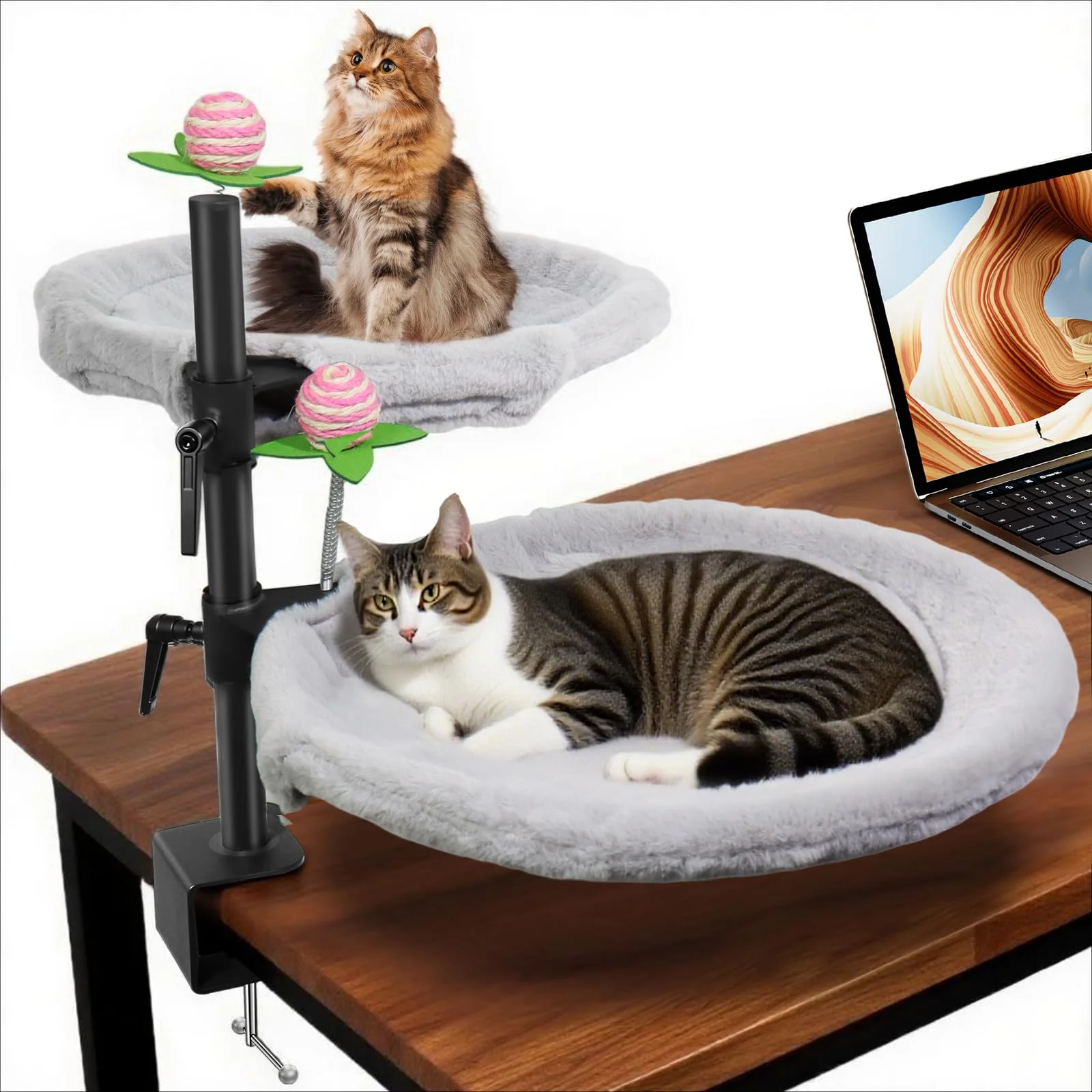 Modern Haijunnm Double Cat Desk Bed — 360° Rotating Adjustable Desk Mount with Soft Faux Fur Breathable Mesh Optimized