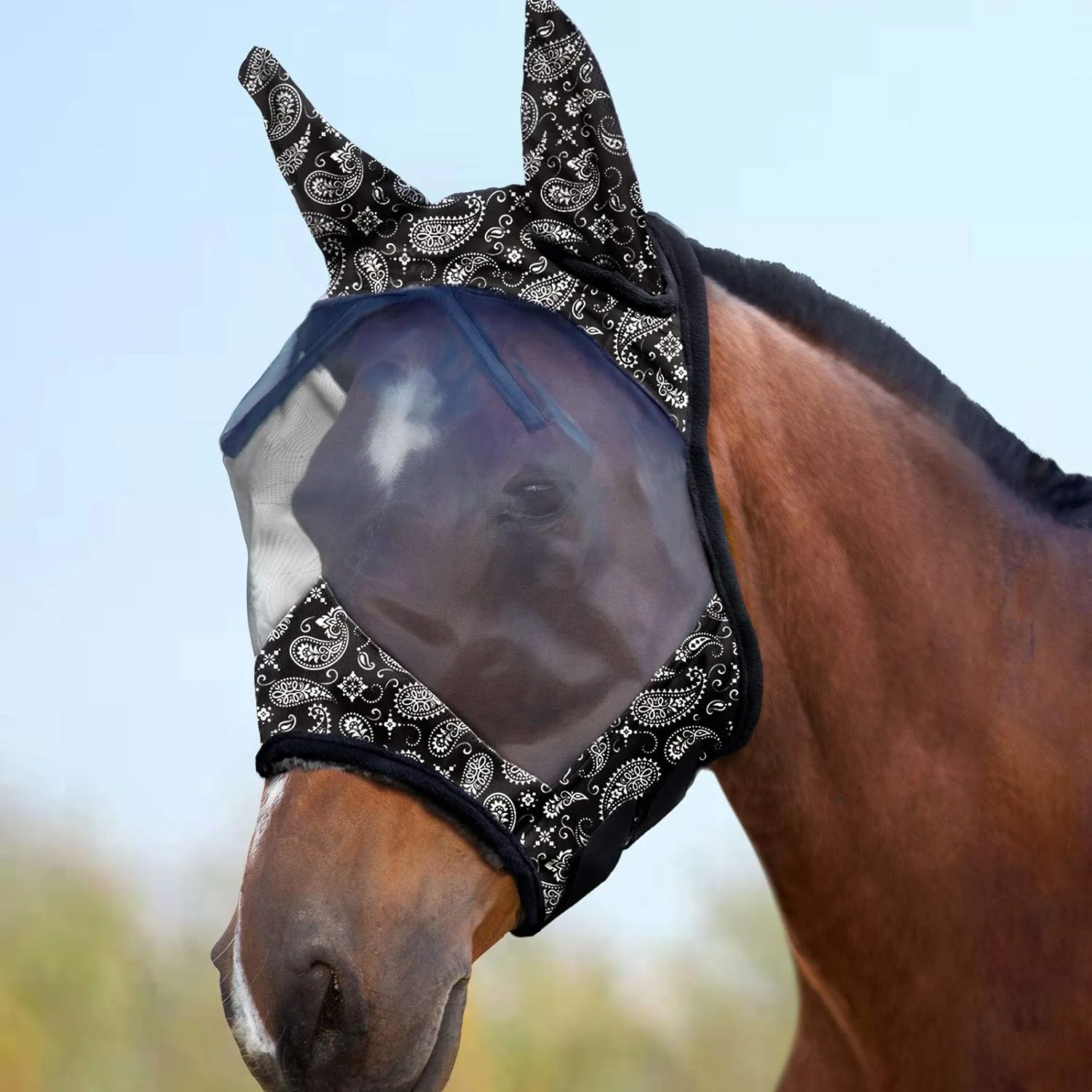Prestigious Harrison Howard LumiVista Horse Fly Mask Standard with Ears UV Protection for Horse Paisley Wave L Full Size Organic