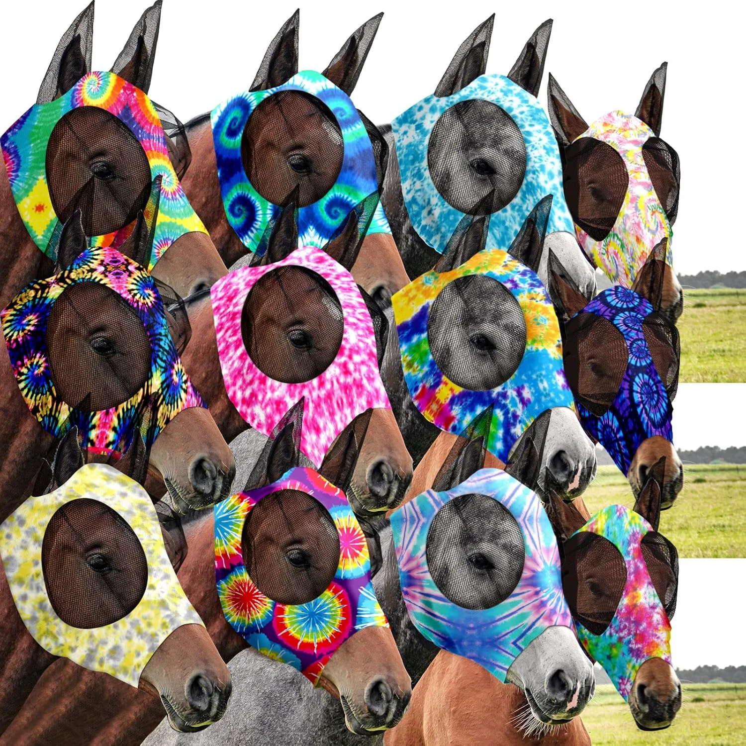 Sustainable Qualirey12 Pieces Horse Fly Mask Bulk Comfortable Elasticity Mask for Horses with Ears Net UV Protection Breathable Face Covering for Pony and Foal Large Tie Dye Patterns Powerful