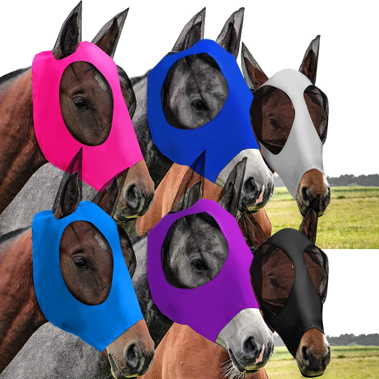 Stylish Sadnyy 6 Pcs Horse Fly Masks with Ears Comfort Breathable Mesh Fly Masks Net UV Protection Large Eye Space Full Face Covering Elasticity Soft for Horses Large High-Grade