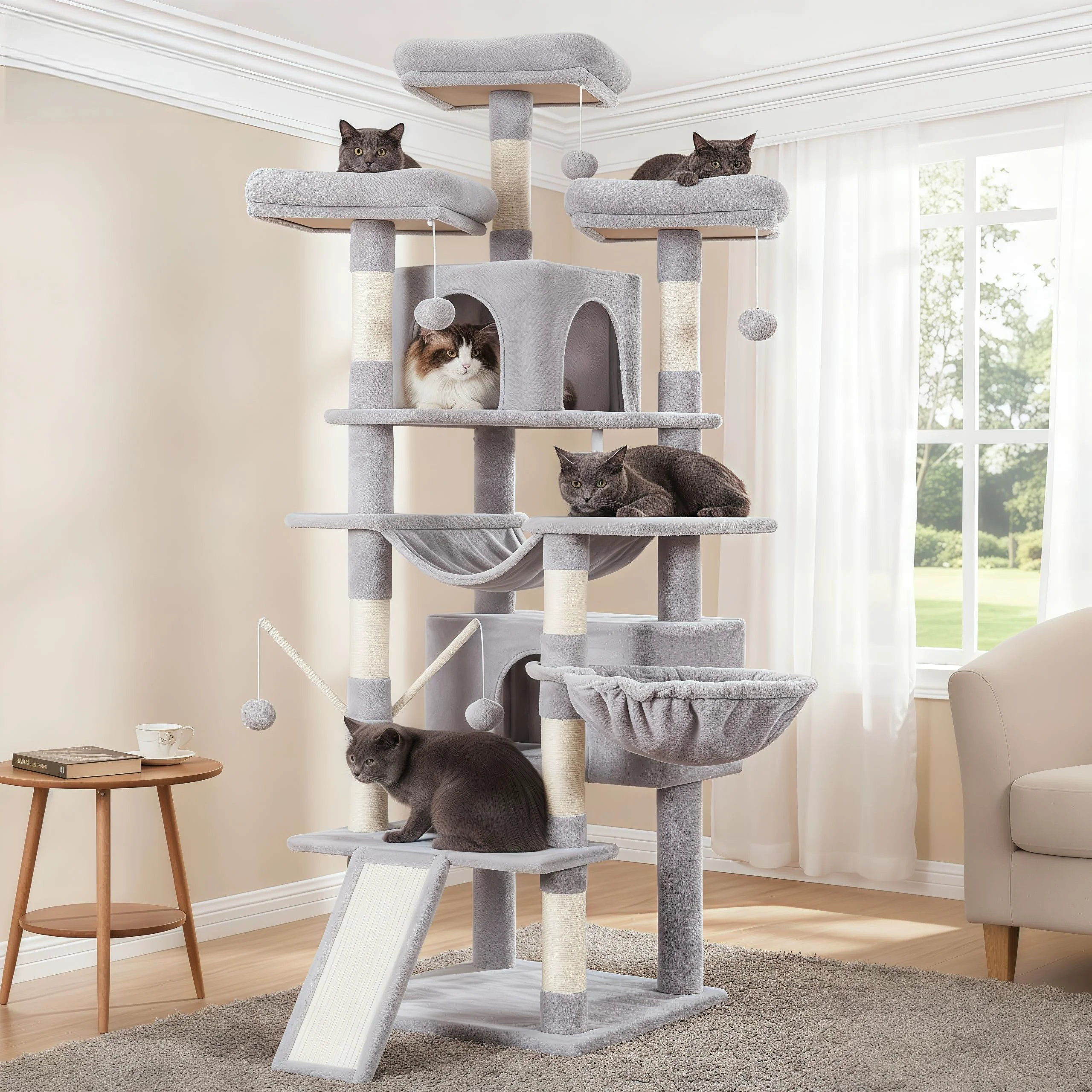 Functional Hey-brother Cat Tree 71-Inch XL Indoor Cat Tower Multi-Level with Perches Scratcher Baskets Condos High-End