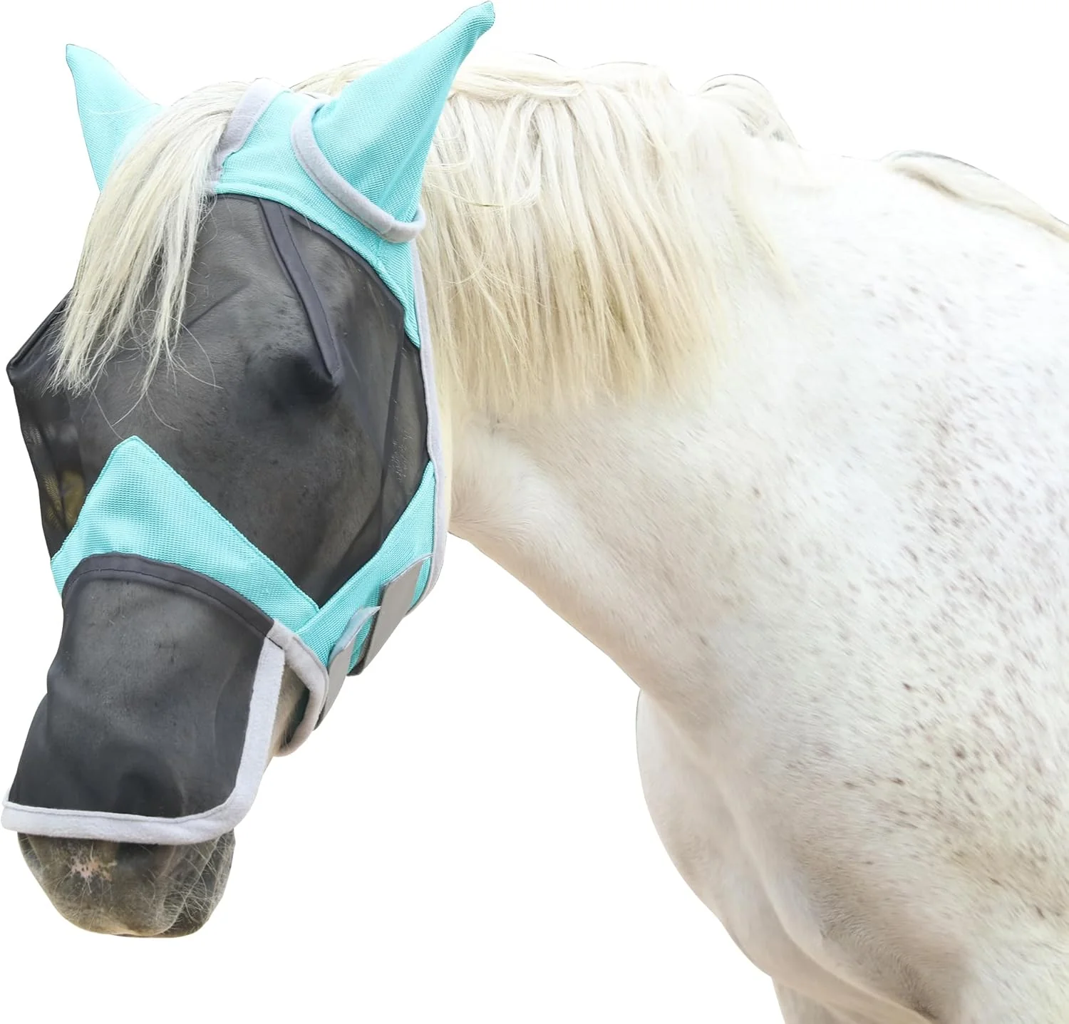 Safe Horse Fly Mask with Ears Long Nose Cover Forelock Opening for Tangle- Mane Care UV Protection Breathable Mesh No Rub Fit and Enhanced Visbility for Trail Riding Turquoise Pony Relaxed