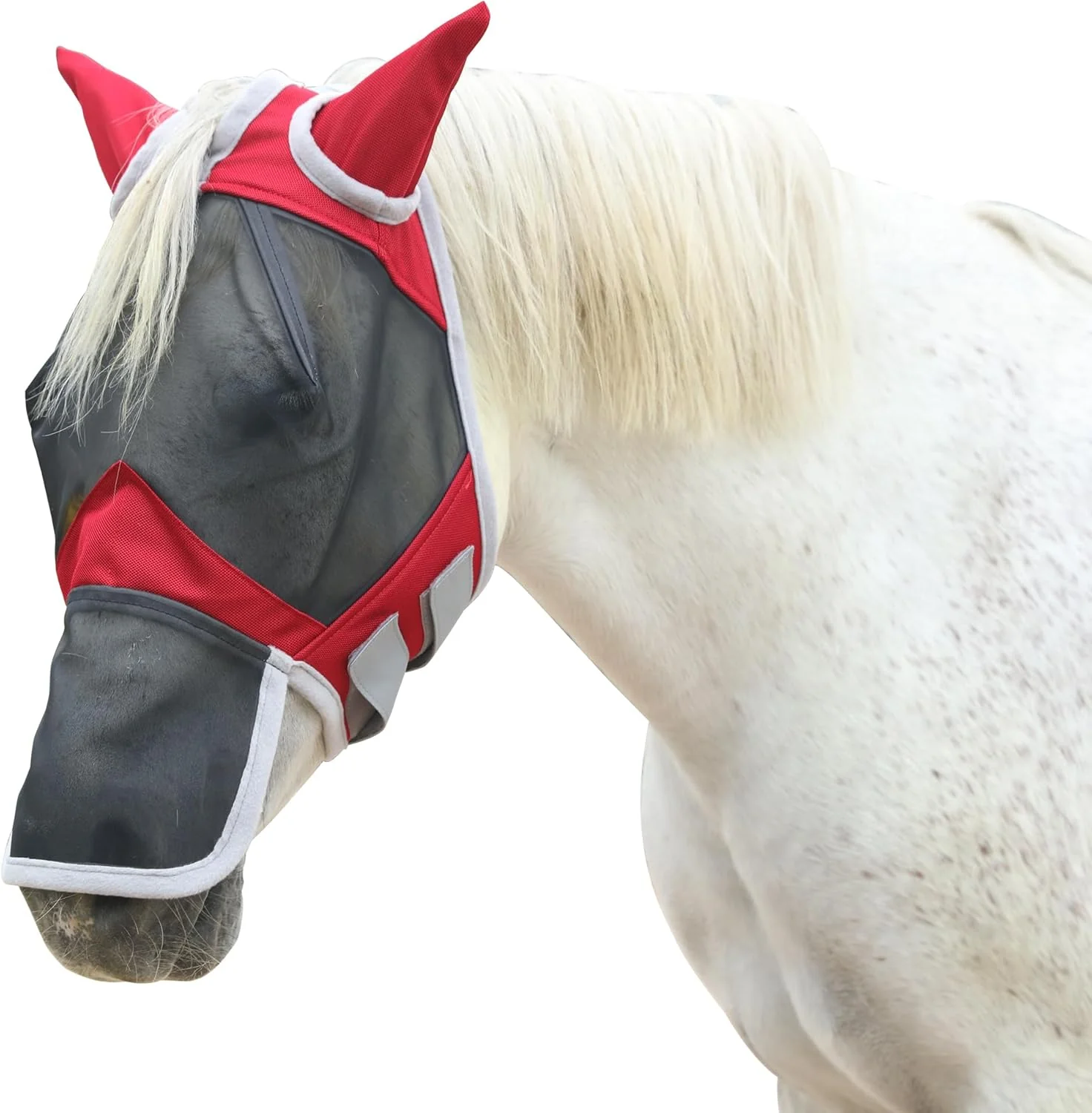 Elite Horse Fly Mask with Ears Long Nose Cover Forelock Opening for Tangle- Mane Care UV Protection Breathable Mesh No Rub Fit and Enhanced Visbility for Trail Riding Red Pony Healthy
