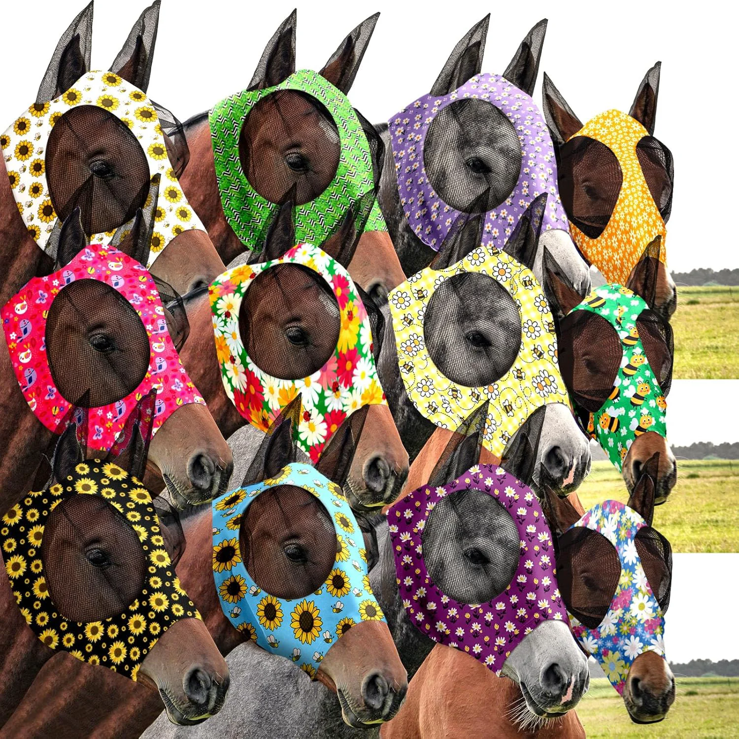 Durable Qualirey12 Pieces Horse Fly Mask Bulk Comfortable Elasticity Mask for Horses with Ears Net UV Protection Breathable Horse Supplies Face Covering for Horse Pony and Foal Flower Patterns Large Trusted