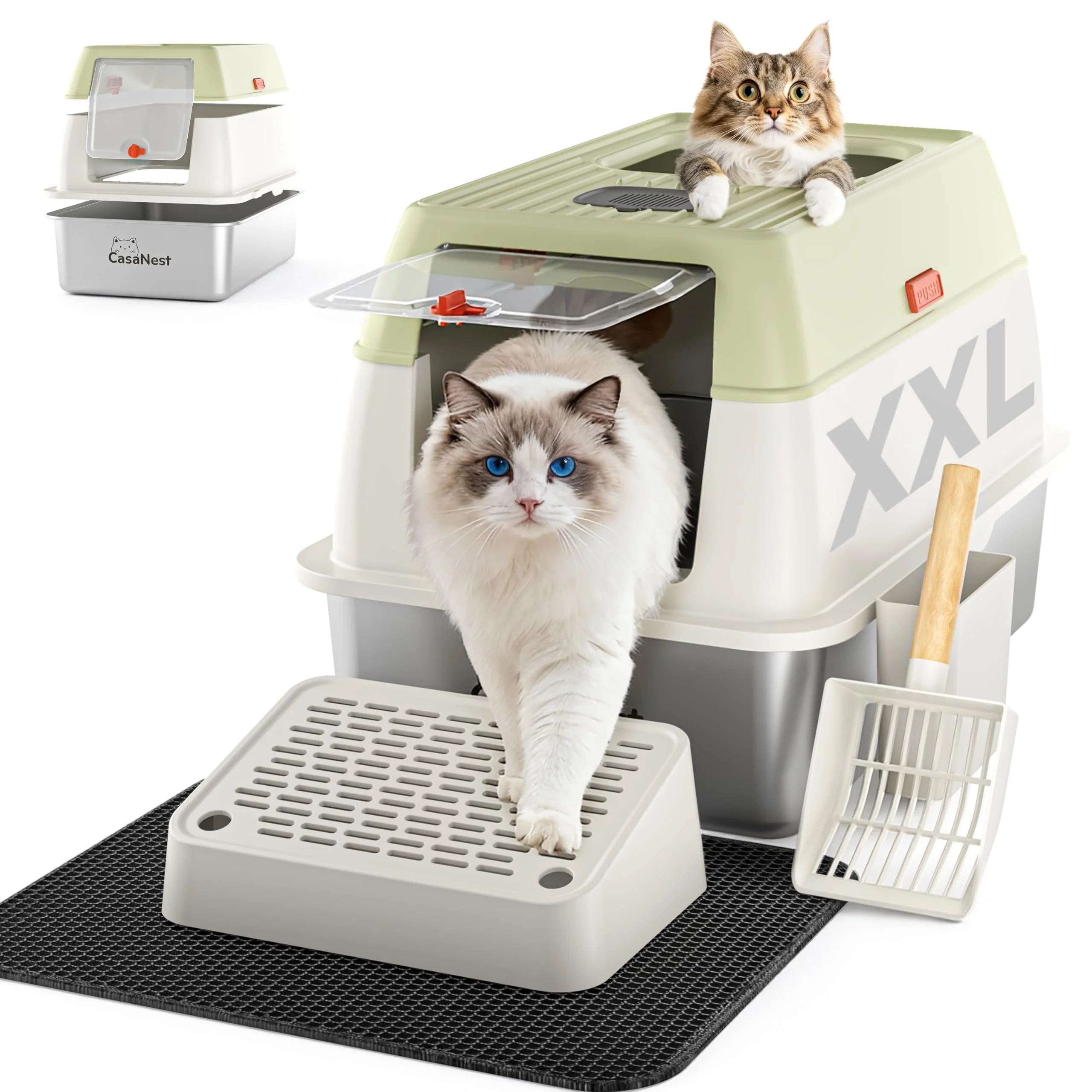 Original CasaNest 3-in-1 Stainless Steel Cat Litter Box with Lid – Large Multi-Cat Sage Green Fine