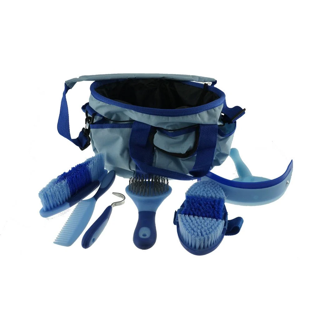 Minimalist Portable Equine Grooming Tools Kit Horse Care Bag 7 Pieces-Blue Enhanced