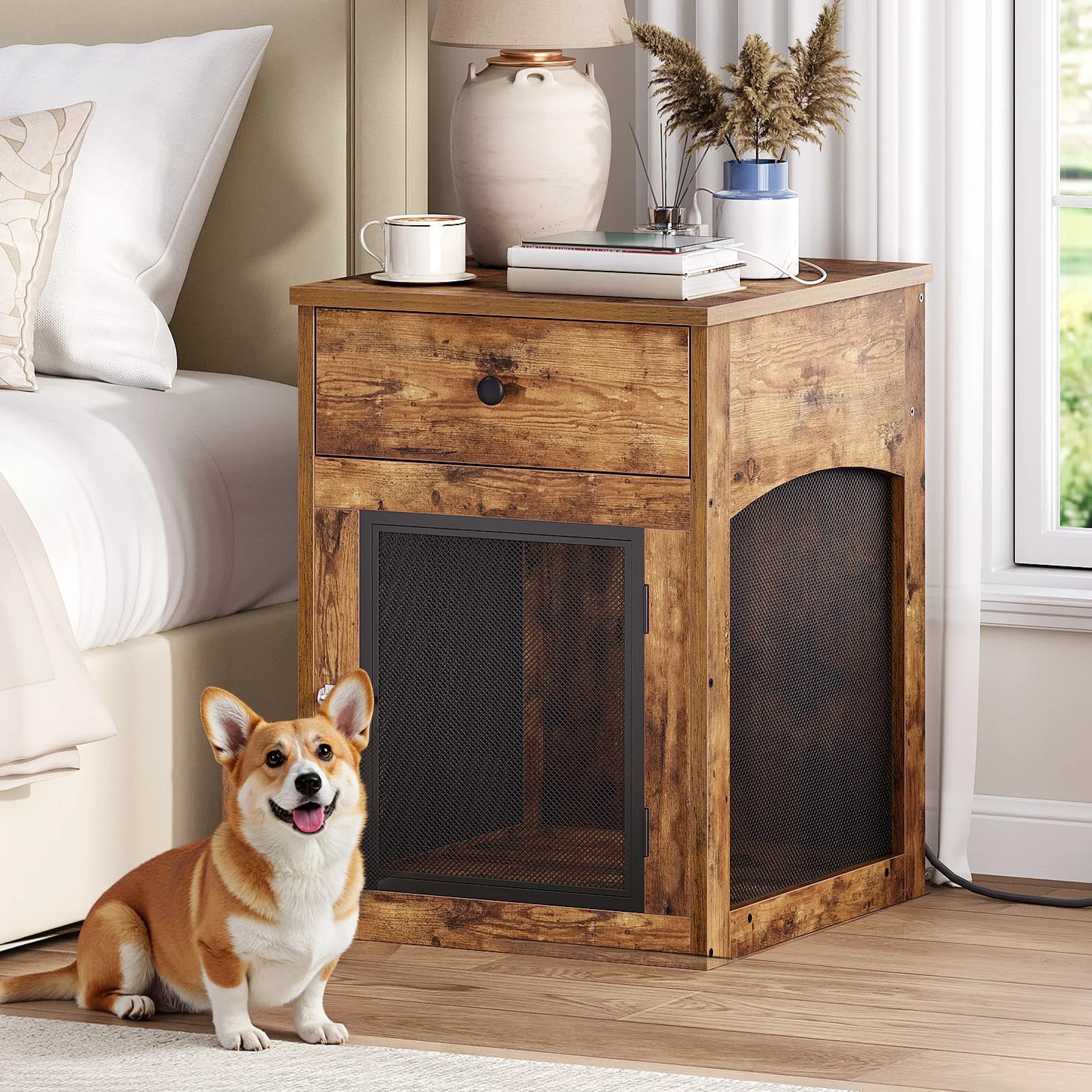 Trendy HOOBRO Dog Crate Furniture with Charging Station — Small Dog Kennel Rustic Brown Black BF58UGW03G1 Superior