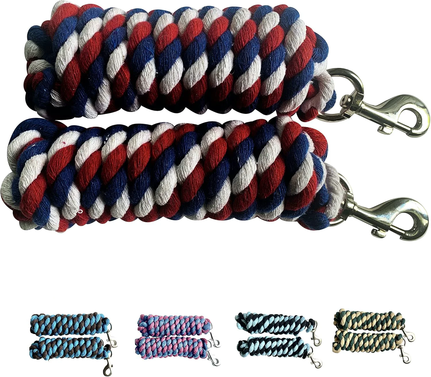 Environmentally Friendly Majestic Ally Pack of 2 Solid Cotton Lead Rope for Horses Livestock – 10 Foot Long and 5 8 inch Thick - Replaceable Heavy-Duty Satin Bolt Snap – Handmade – Soft Broken in Feel Patriotic Durable
