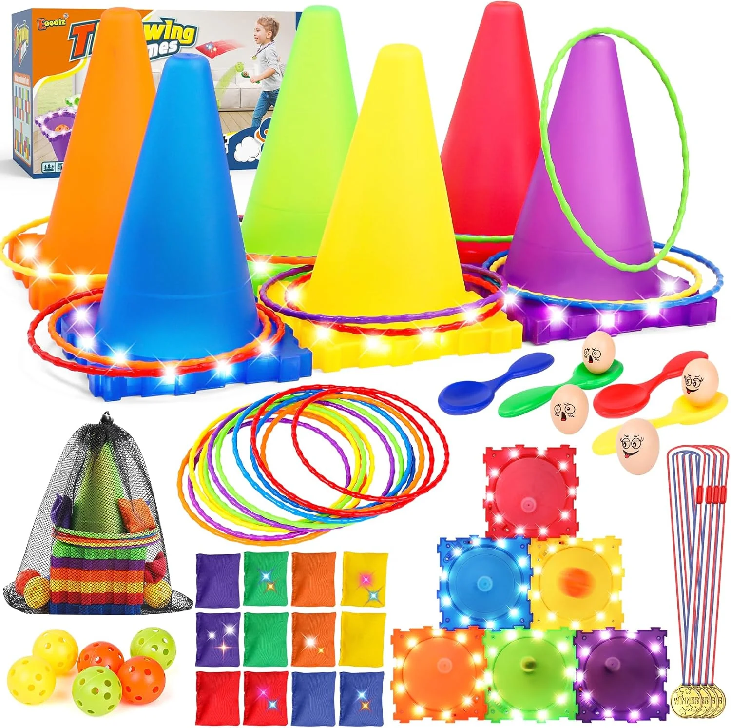 Smooth Eocolz 49PCS Carnival Games Outdoor Combo Set for Kids with LED Light Plastic Cones Obstacle Course Bean Bags Balls Ring Toss Game Egg and Spoon Race Lawn Game Gift for Birthday Party Xmas Easter Fashionable