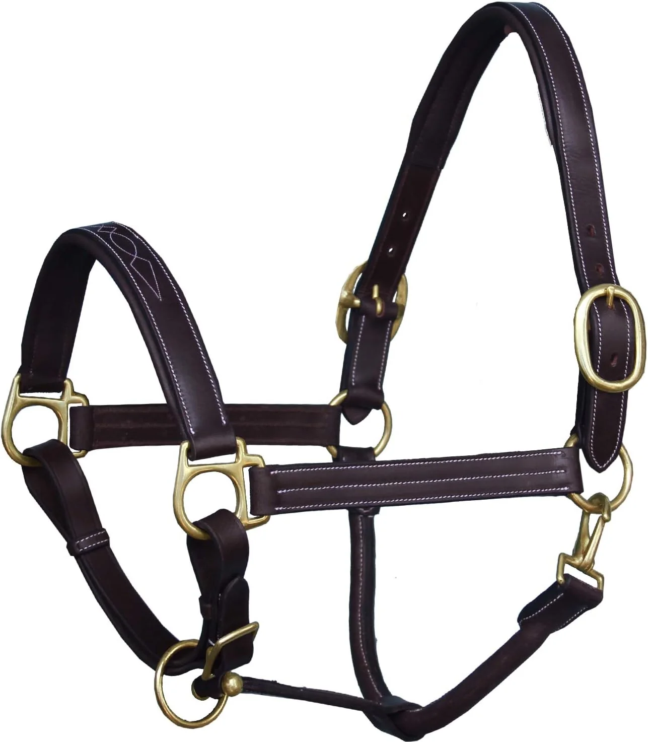 Environmentally Friendly Exion Leather Horse Halter with Fancy Stitching Black Brown Padded Halter with Brass Hardware Quick-Release Snap Adjustable Leather Halter – Cob Full Over Pony Sizes Lightweight