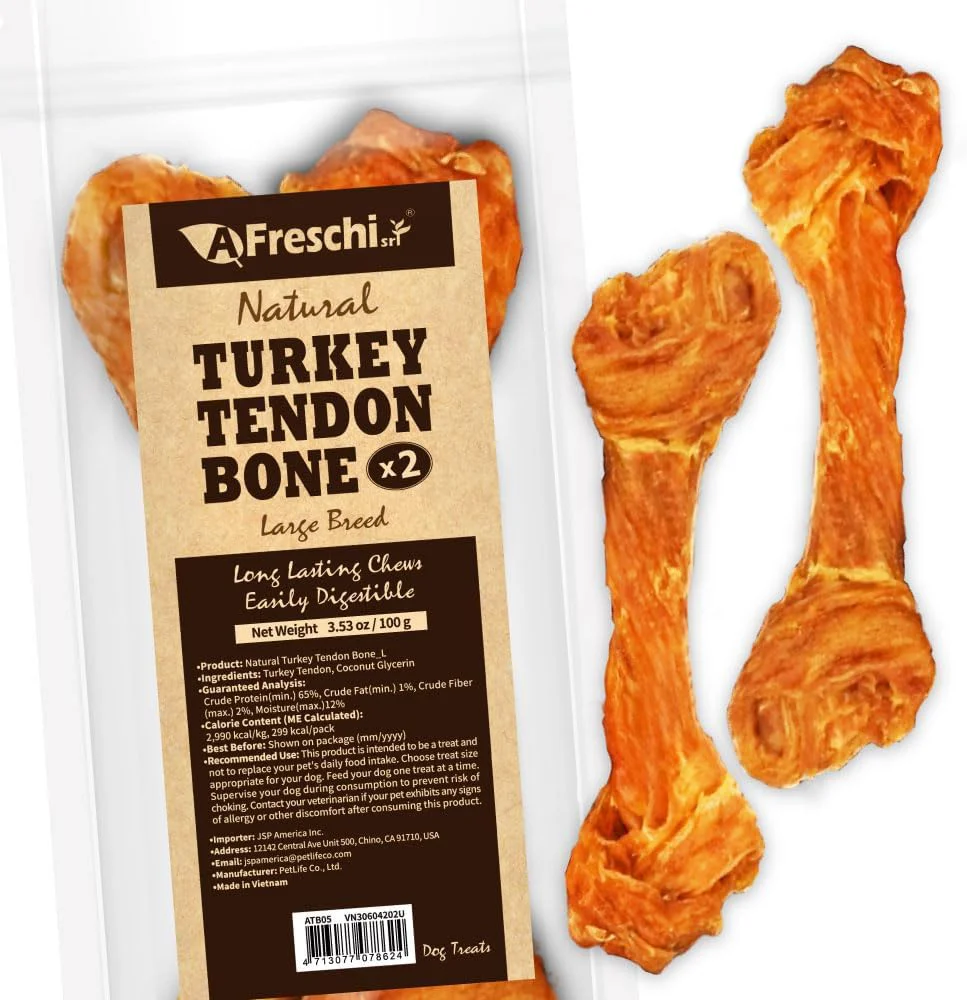 Exclusive Afreschi Natural Turkey Tendon Bone L 3.53 oz USA-Sourced Turkey Tendon All Natural Human Grade Dog Chew Hypoallergenic Rawhide Dog Treats for Large Breeds
