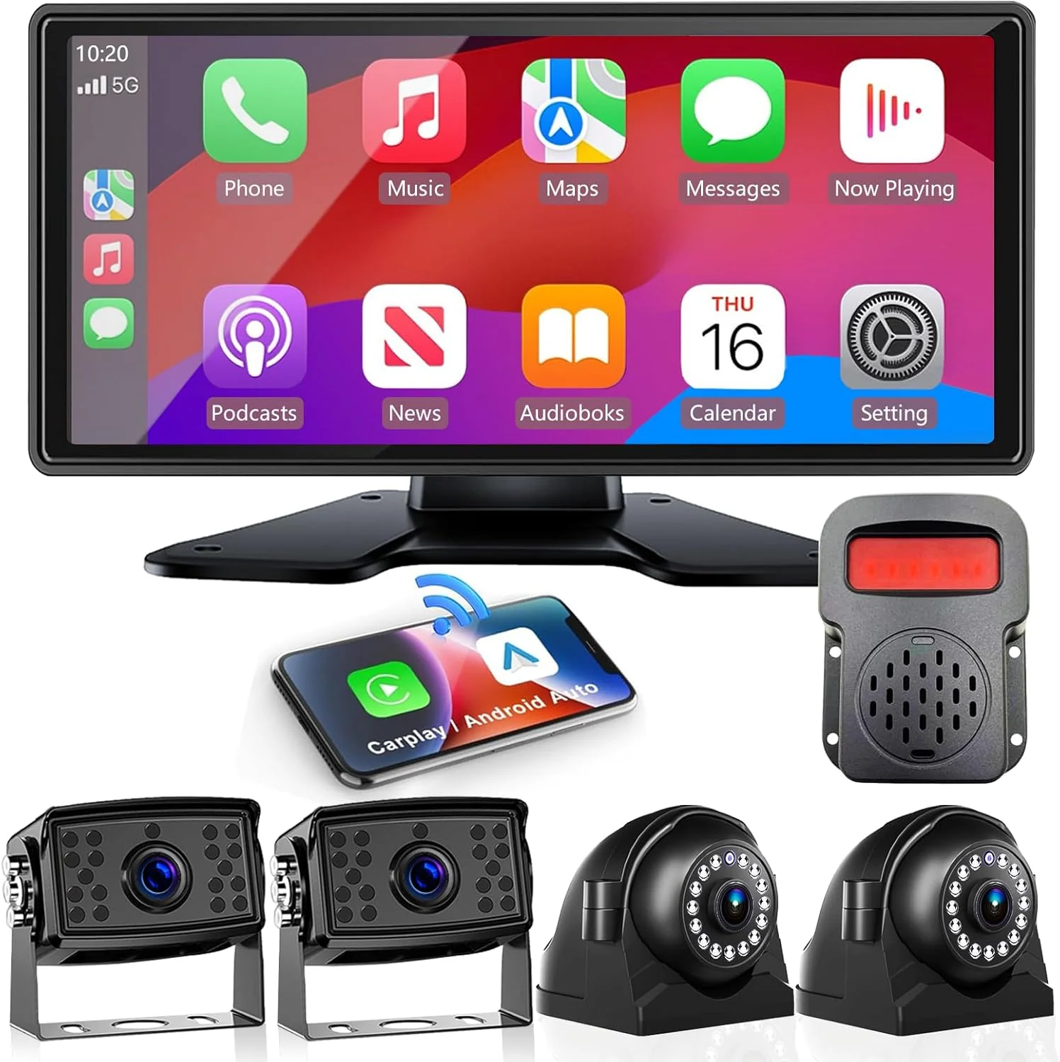 Optimized RV Backup Camera with Carplay Android Auto for RV Horse Trailer Semi Box Truck 1080P HD 4 Splits 10.36 Touch Monitor Rear Side Backup Cameras with Mirror Link FM Waterproof Night Vision DVR Recording Contemporary