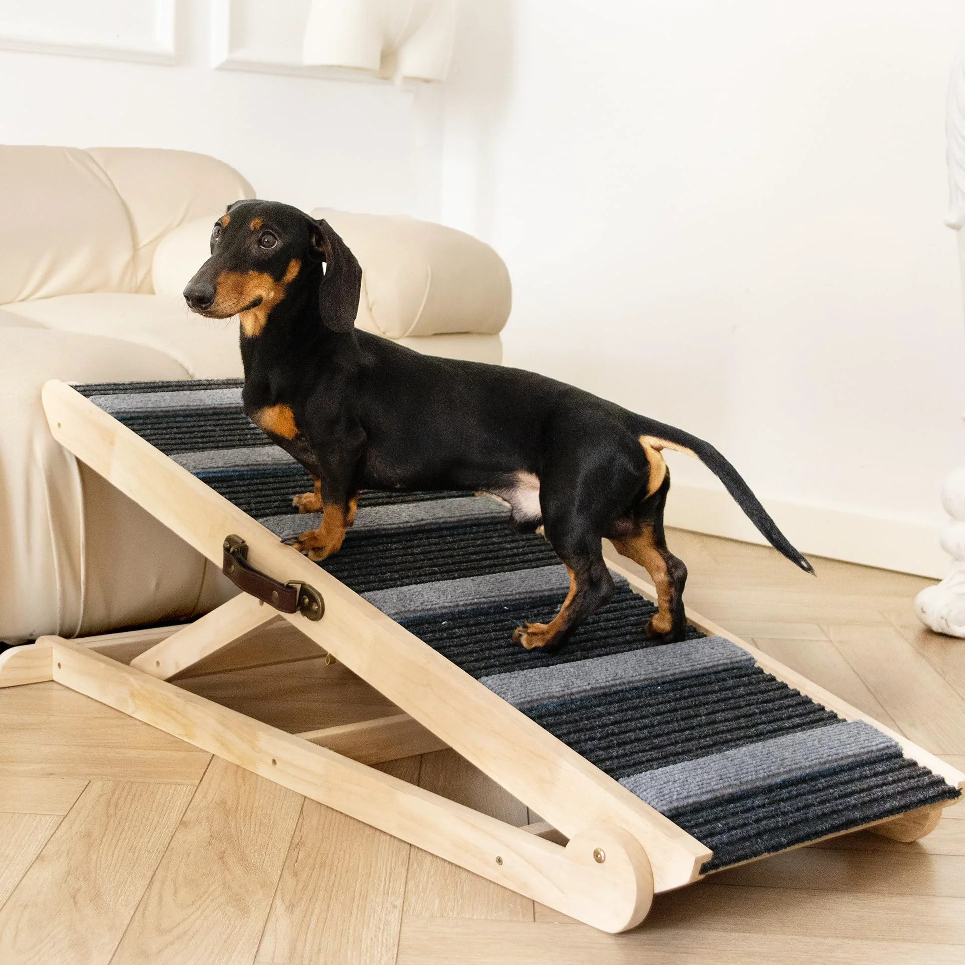 Next-Generation UNQBWE Dog Ramp for Bed Car – Folding Adjustable Non-Slip Wooden Pet Ramp Clean