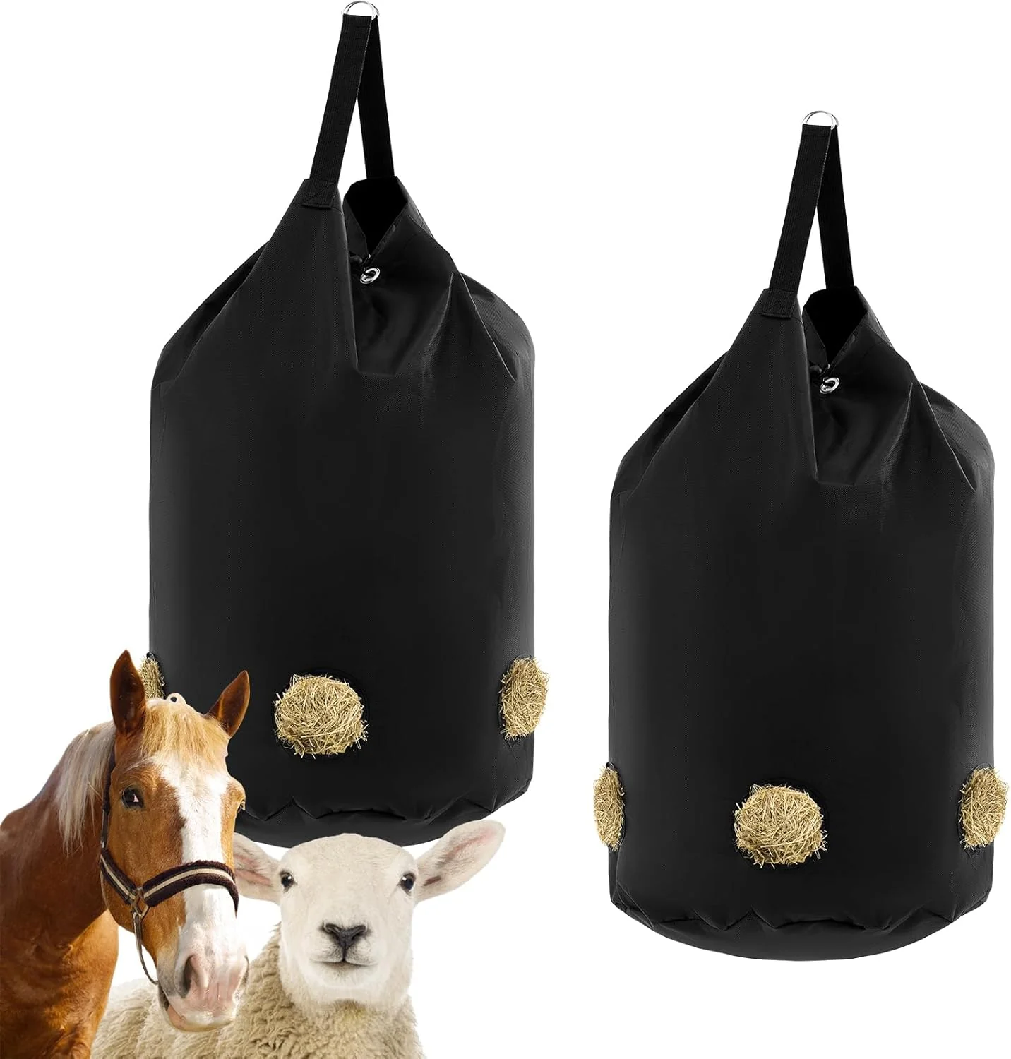 Exclusive 2 Pcs hay Bags for Horses Goats Slow Feed 1680D Oxford Bag Black Large Capacity Net Open Feed Hole Hay Holder for Horse Goats Sheep 5 Holes Relaxed