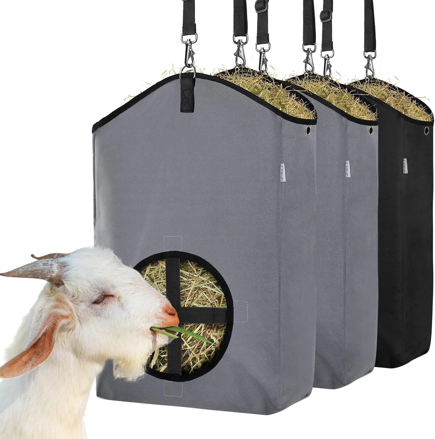 Green 3 Packs Goat Hay Feeder Hay Bags for Goats Horses Sheep Premium 600D Oxford Cloth with Metal Fastener and Adjustable Open Feed Hole for Slow Feeding. 1 Black 2Grey Modern