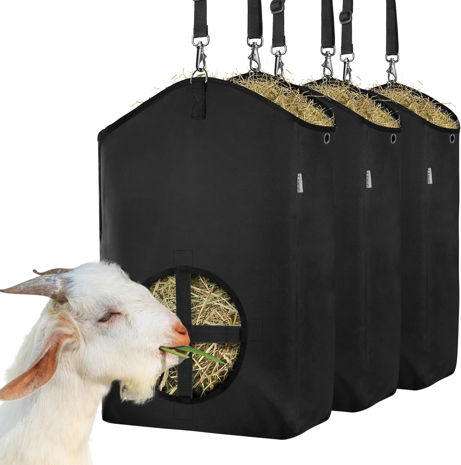 Practical 3 Packs Goat Hay Feeder Hay Bags for Goats Horses Sheep Premium 600D Oxford Cloth with Metal Fastener and Adjustable Open Feed Hole for Slow Feeding. 3 Black Proven