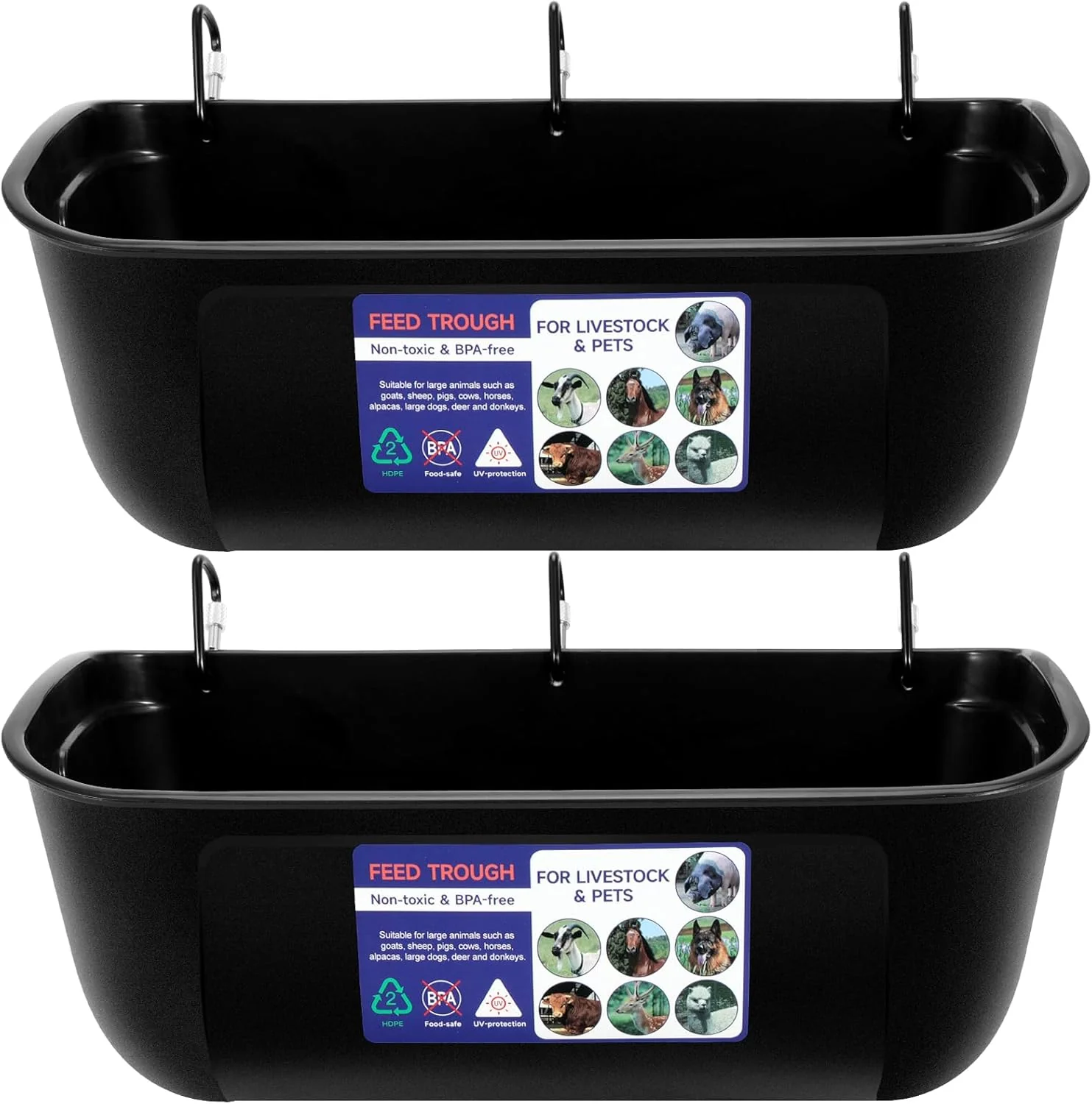 Genuine Goovilla Large Feed Trough Hanging or Screw-in Fence Feeder with Clips 2 Pack 9 Quart Goat Feeder Supplies Dog Horse Hog Pig Livestock Poultry Plastic Feeder Trough Bucket for Large Animal Black High-End