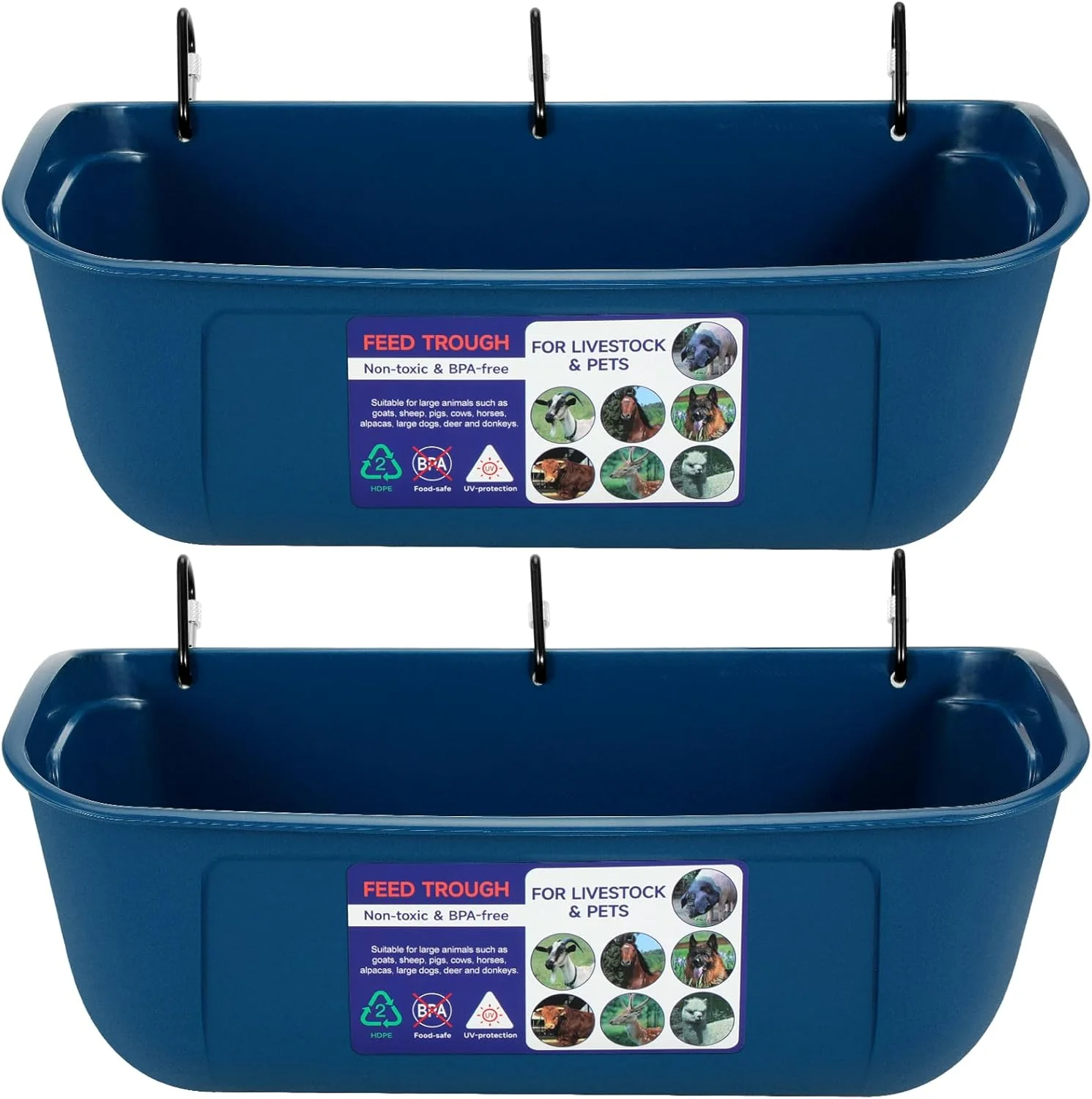 Solid Goovilla Large Feed Trough Hanging or Screw-in Fence Feeder with Clips 2 Pack 9 Quart Goat Feeder Supplies Dog Horse Hog Pig Livestock Poultry Plastic Feeder Trough Bucket for Large Animal Blue Flexible