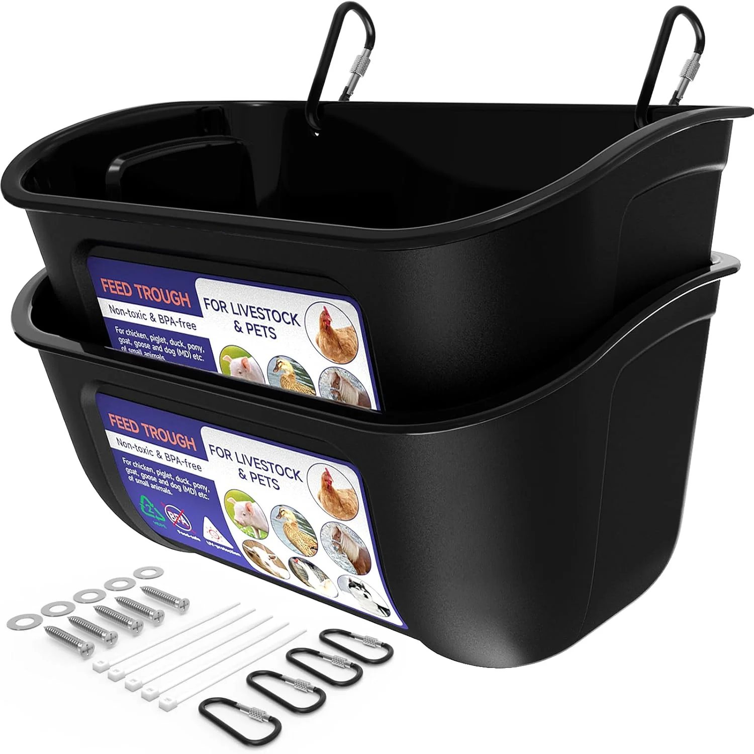 Safe Goovilla Chicken Feeder Waterer Hanging or Screw-in Fence Feeders with Clips 2 Pack 5 Quart Goat Feeding Supplies Duck Piglet Sheeple Coop Dog Livestock Poultry Plastic Feeder Trough Bucket Black Expertly Made