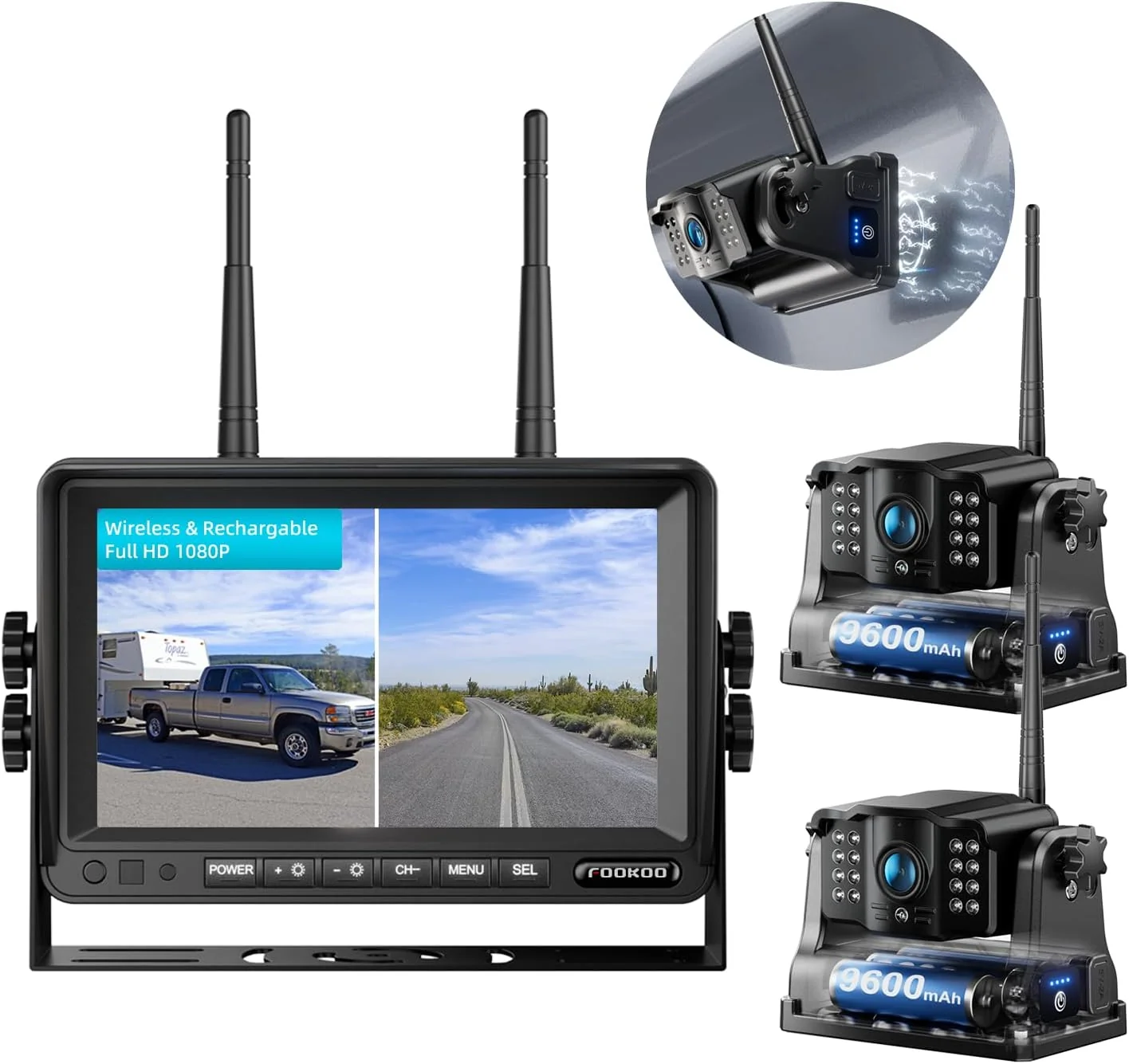 Powerful Fookoo HD Magnetic Wireless Backup Camera 1080P 7 Dual Split Monitor Rechargeable Rear View Cameras Lower Consumption 1-Min Installation No Drilling Recording for RV Trailer Truck Camper DCX702 High-Quality
