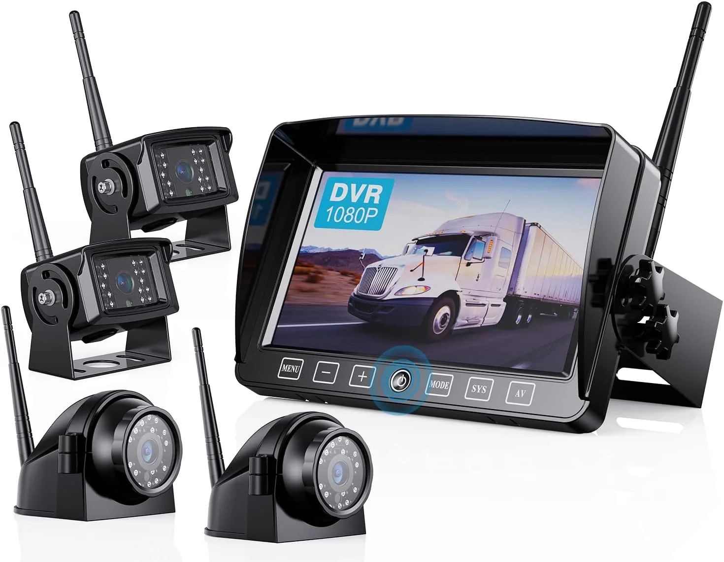 Fine Wireless Backup Camera Kit with 7'' DVR Quad Split Monitor 1080P FHD Rear Side View Camera IP69 Waterproof Parking Lines Reversing Cameras for Truck Semi-Trailer Box Truck RV-B4C High-Grade