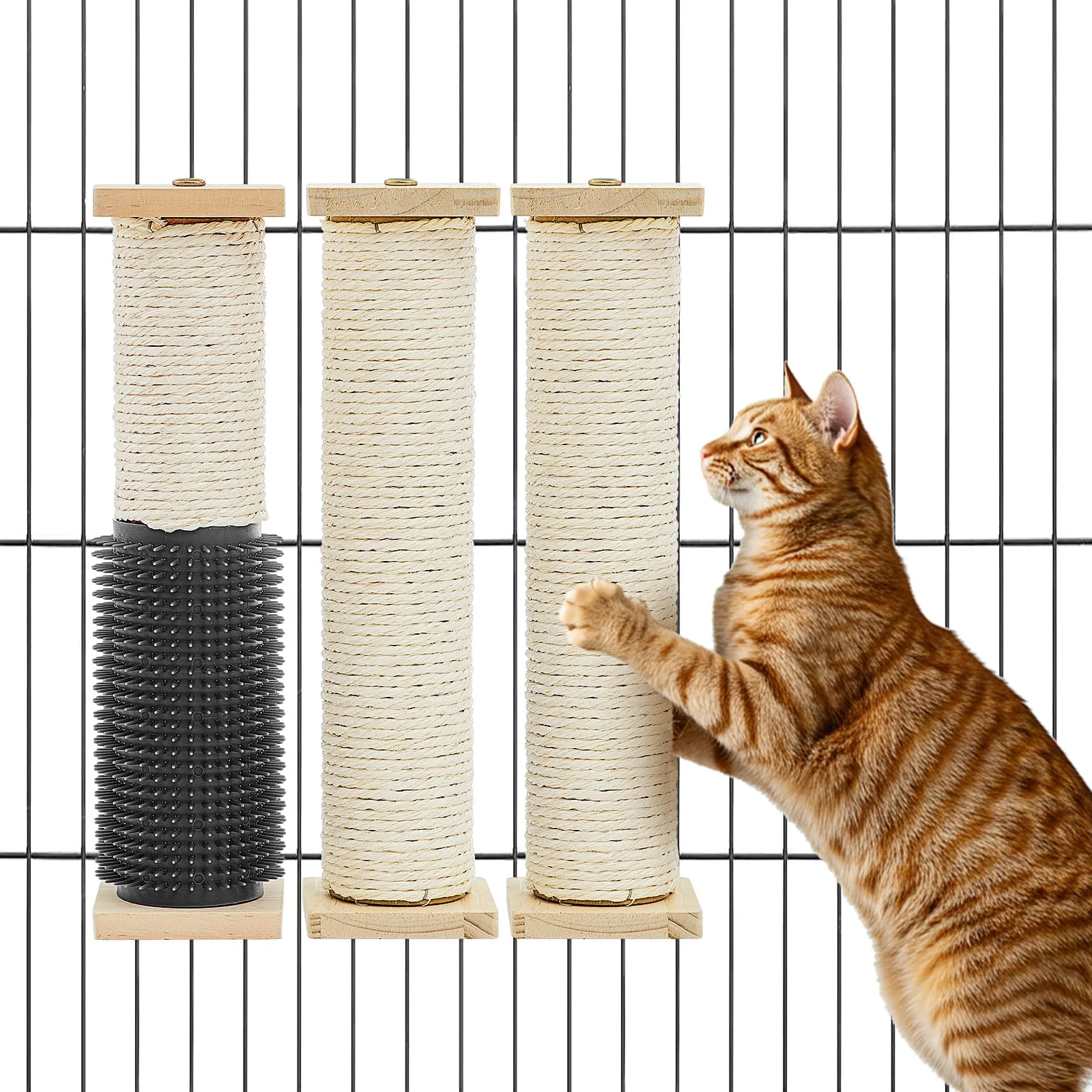 Fine Aliceset 3 Pack Cat Scratching Posts for Crate Cages - 13-Inch Wood Sisal with Self-Groomer Functional