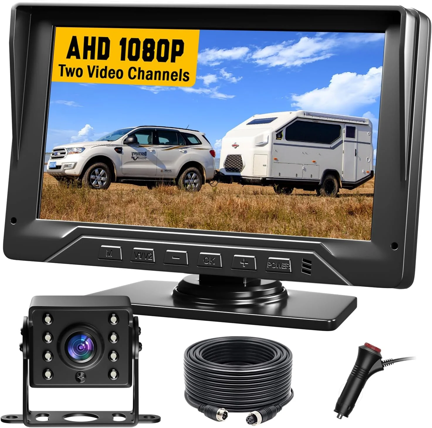 Outstanding RV Backup Camera Plug and Play 7'' Backup Camera for Truck Trailer No Delay 1080P HD 2 Channels 150° Wide Angle DIY Guide Lines Night Vision IP69 Rear View Camera Elite