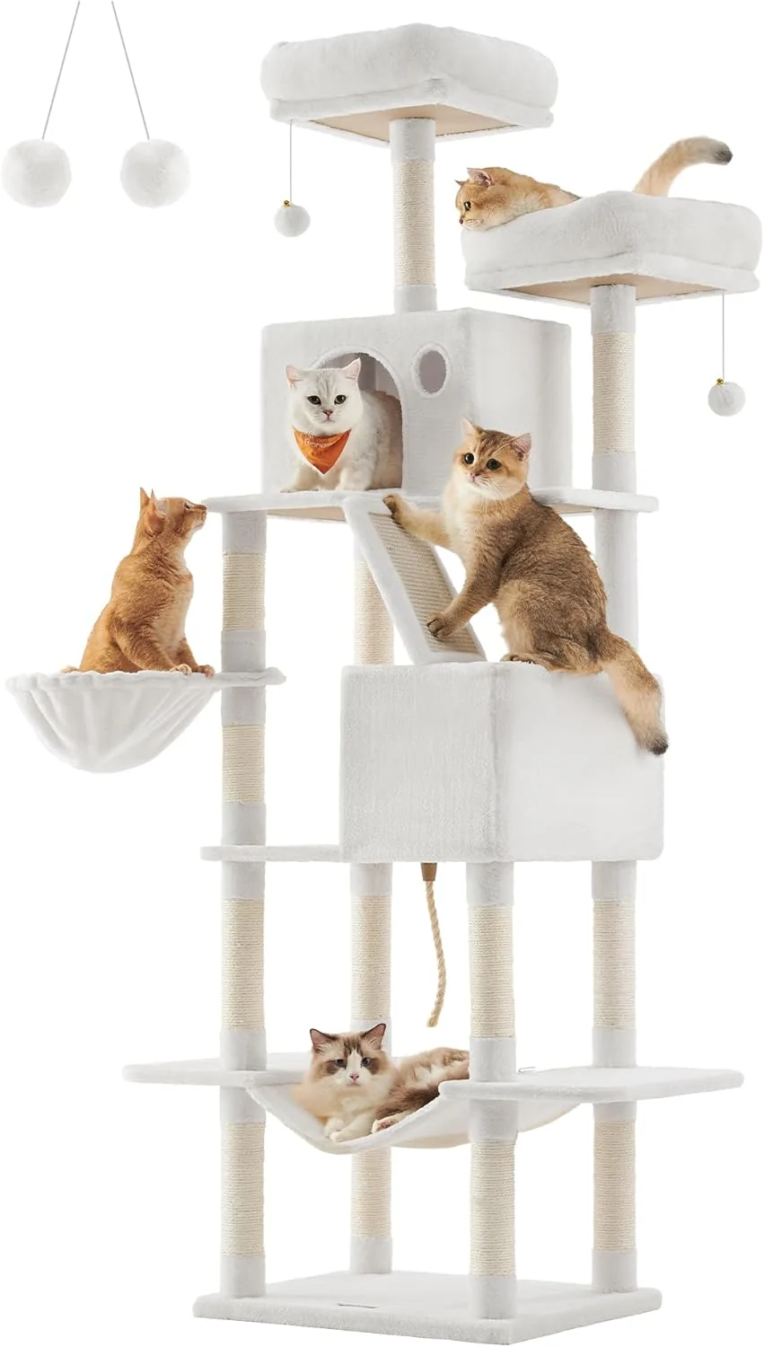 Pure Feandrea Cat Tree 81.1-Inch Large Cat Tower with 13 Scratching Posts 2 Perches 2 Caves Basket Hammock Pompoms Multi-Level Plush Cat Condo for Indoor Cats Cream White UPCT190T01 Proven