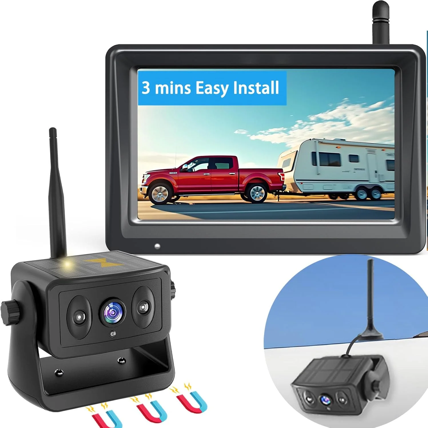 Environmentally Friendly Wireless Backup Camera for Trucks R Solar - Powered - Magnetic Portable No - Drill No - Wire Easy Install Night Vision Rechargeable with 5 HD Monitor systems for Car Camper Trailer World-Class