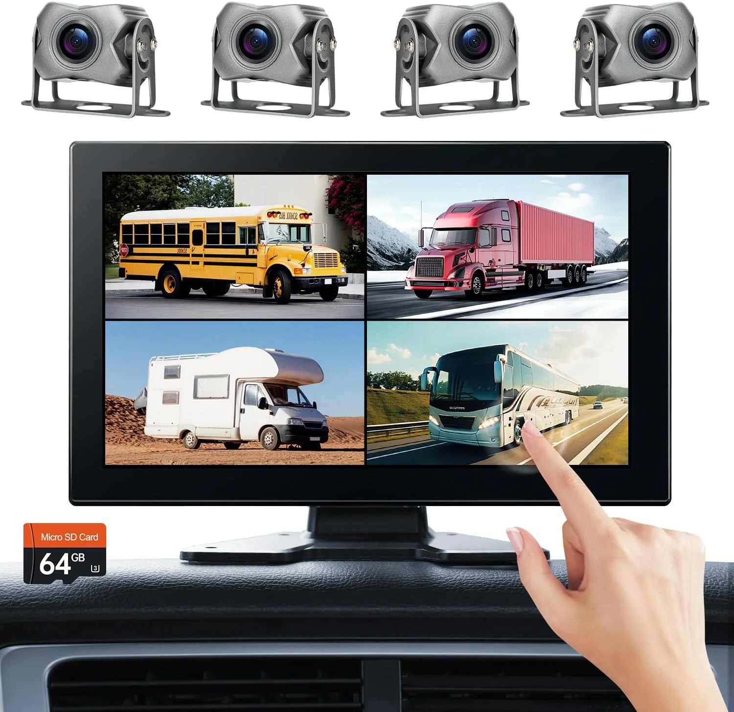 Genuine 4-Channel 1080P Backup Camera for Truck RV Semi Trailer Van Cars 10.2inch Touch Monitor with DVR Recording Playback Bluetooth FM Radio Music Video Player Fast