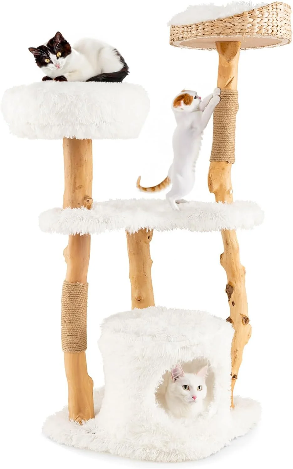 Innovative Tangkula Cat Tree Tower Solid Wood Modern Cat Tower with Top Cattail Basket Bed Side Perch Large Platform Condo Cute Cat Tree with Scratching Posts for Indoor Cats Large Adult Classic
