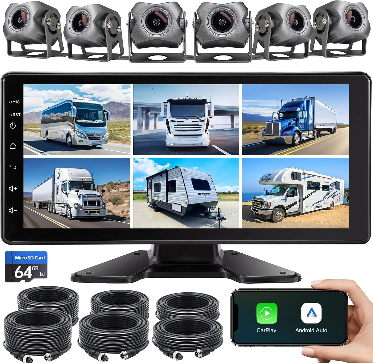 Fine 6-Channel 1080P Dash Cam Backup Camera System with 10.33 Inch Touch Screen Parking Monitor Back Up Camera Car Radio for RV Truck Trailer Van SUV Cars Wireless Carplay Android Auto WiFi Bluetooth FM Official