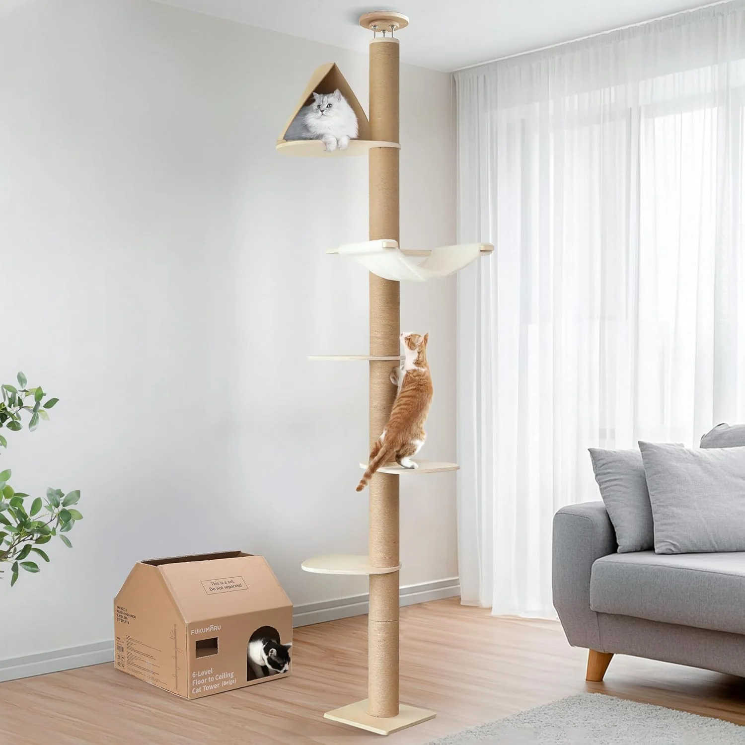 High-Quality FUKUMARU Floor to Ceiling Cat Tree 6 Level Adjustable Height 6-10 ft Climbing Tower with Thickened Scratching Posts Cats Activity Center with Cozy Hammock - Beige Trendy