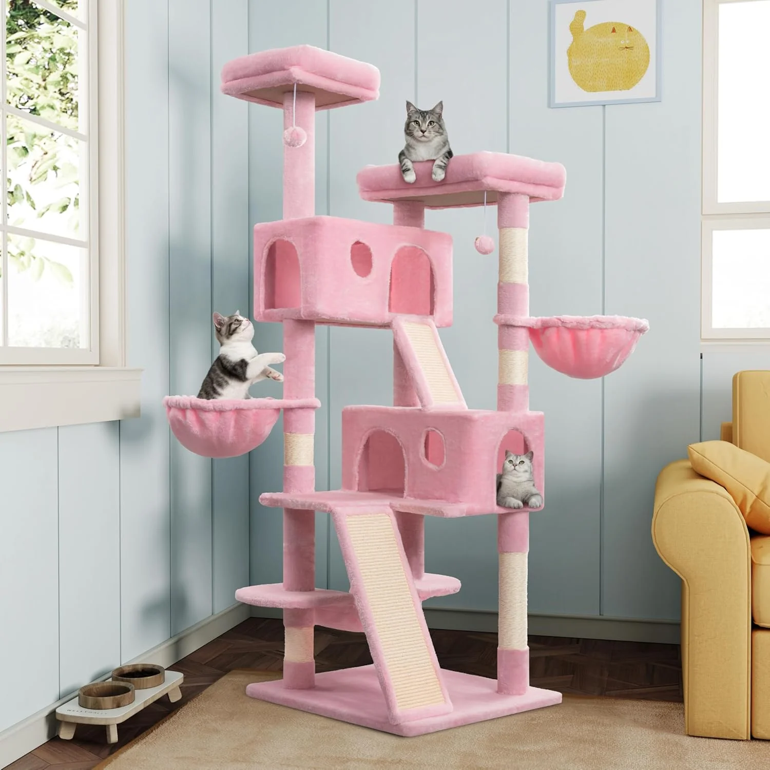 Fast MUTICOR 66 Inches Multi-Level Large Cat Tree Tower for Indoor Big Feline Cozy Plush Perches Condo Sisal Scratching Posts Hammock and Baskets Activity Center Play House Wide Base Pink Optimized