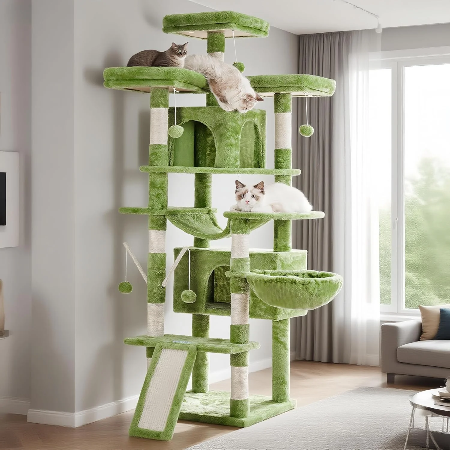 Innovative Hey-brother Cat Tree 71 inches XL Large Cat Tower for Indoor Cats Multi-Level Cat House with 3 Padded Perches Big Scratcher Cozy Basket 2 Cat Condos and Scratching Posts Green MPJ034GR Elegant