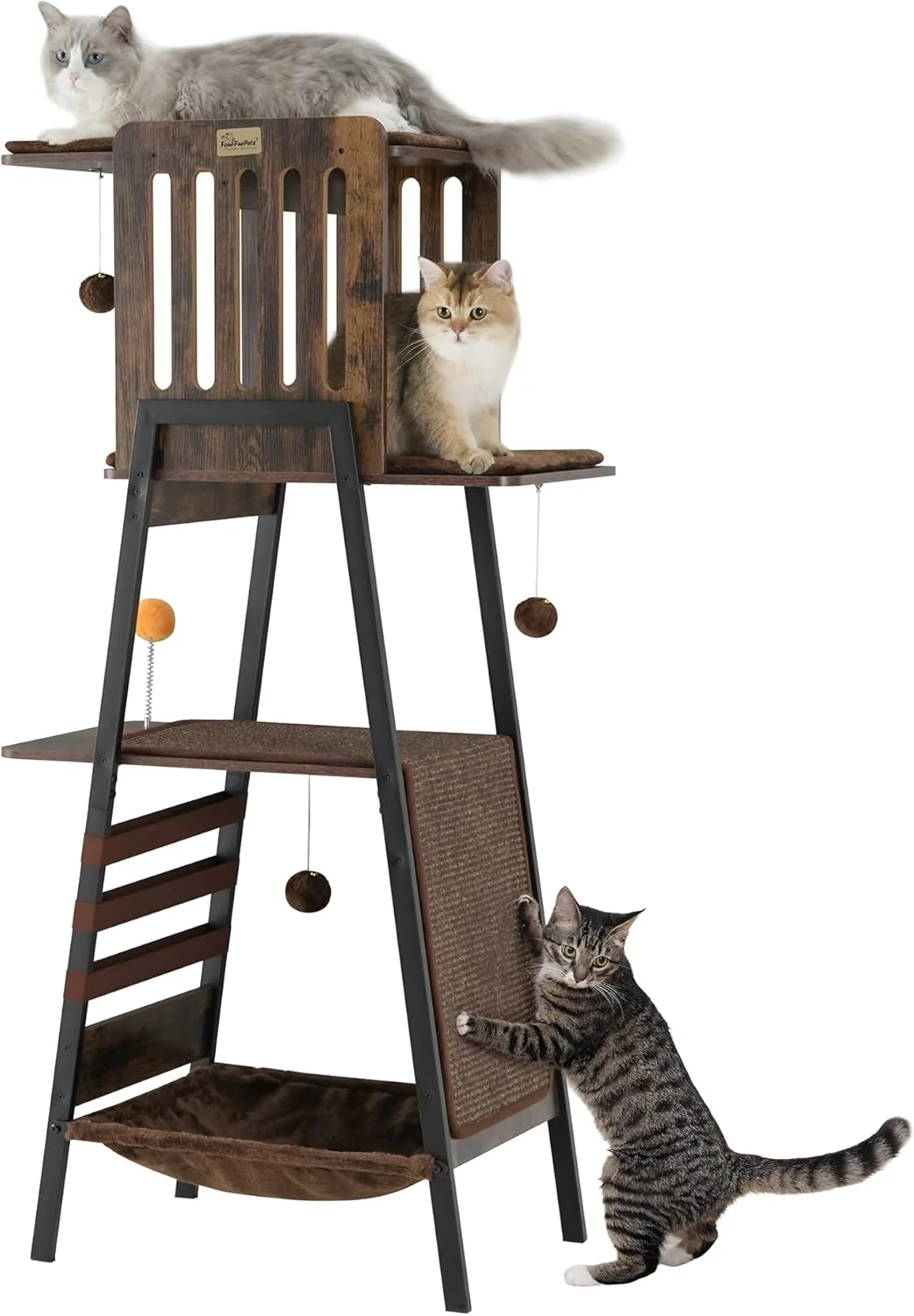 Original FourFurPets Modern Cat Tree 58-Inch Cat Tower for Large Cats Maine Coon Cat Tree with Scratching Board Large Perch Hammock and Removable Pads Rustic Brown Durable
