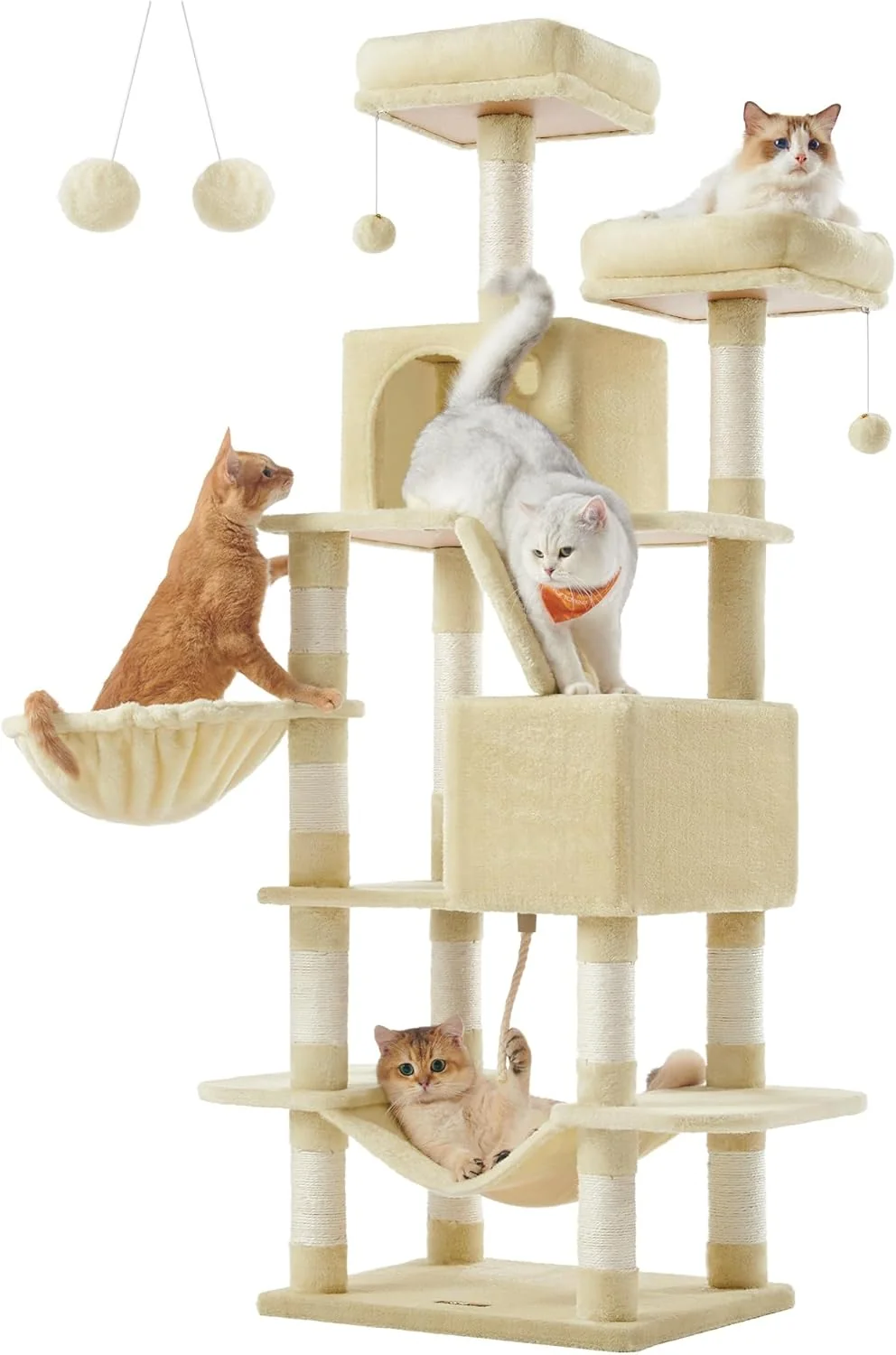 Innovative Feandrea Cat Tree 66.1-Inch Large Cat Tower with 13 Scratching Posts 2 Perches 2 Caves Basket Hammock Pompoms Multi-Level Plush Cat Condo for Indoor Cats Beige UPCT165M01 Excellent